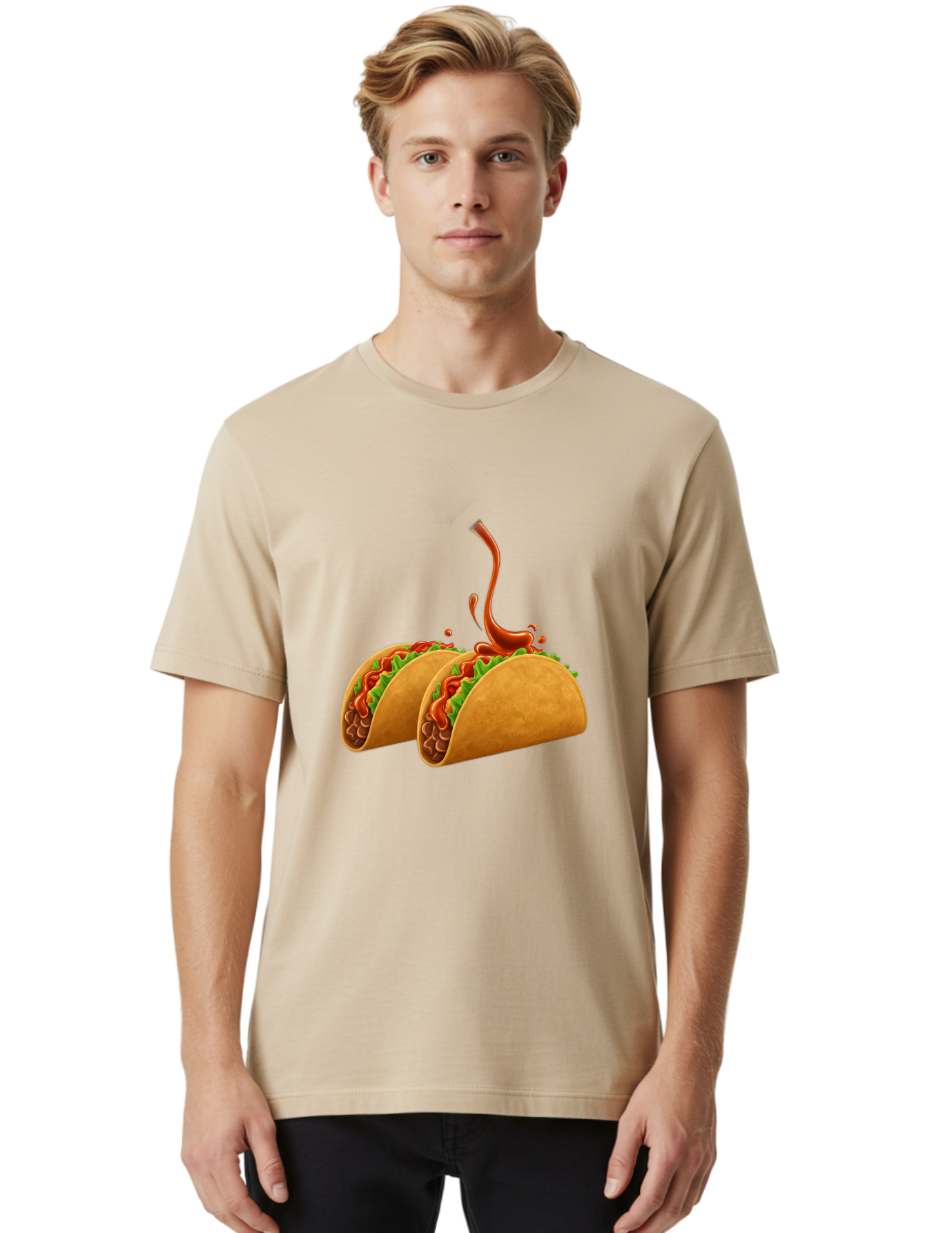 Tacos-With-Hot-Sauce Men'S Graphic Tee, 100% Cotton, Comfortable Casual Summer Wear, Machine Washable, Tacos With Lettuce, Salsa Splashing, Mexican Food, Fast Food, Taco Graphics, Vibrant Red Sauce, Crunchy Tacos, Fresh Lettuce, Salsa Splash Bab488