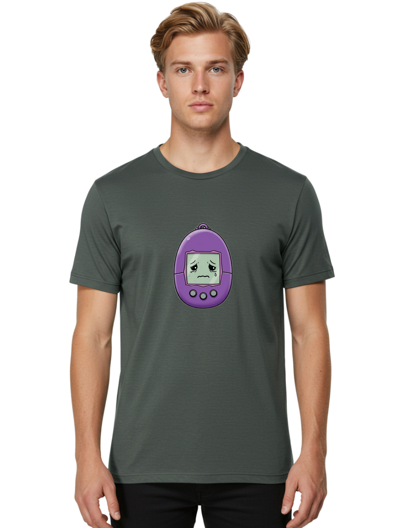 Tamagotchi-3 Men'S Graphic Tee, 100% Cotton, Comfortable Casual Summer Wear, Machine Washable, Purple Digital Pet, Sad Face, Crying Tamagotchi, Retro Toy, Nostalgic Tech, Digital Creature, Sad Expression, Vintage Gadget Bab497