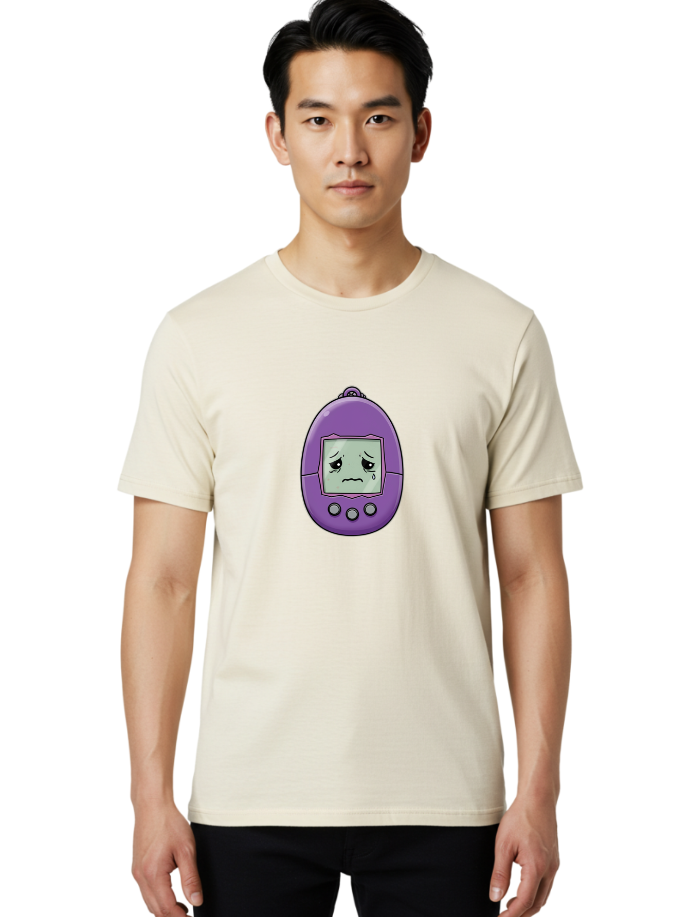 Tamagotchi-3 Men'S Graphic Tee, 100% Cotton, Comfortable Casual Summer Wear, Machine Washable, Purple Digital Pet, Sad Face, Crying Tamagotchi, Retro Toy, Nostalgic Tech, Digital Creature, Sad Expression, Vintage Gadget Bab497