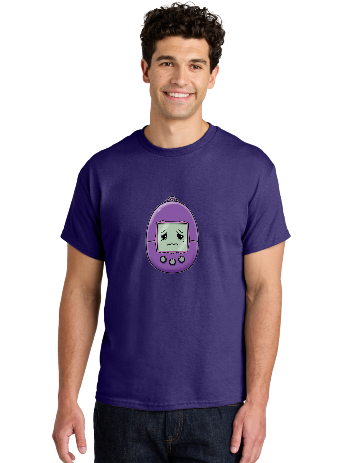 Tamagotchi-3 Men'S Graphic Tee, 100% Cotton, Comfortable Casual Summer Wear, Machine Washable, Purple Digital Pet, Sad Face, Crying Tamagotchi, Retro Toy, Nostalgic Tech, Digital Creature, Sad Expression, Vintage Gadget Bab497