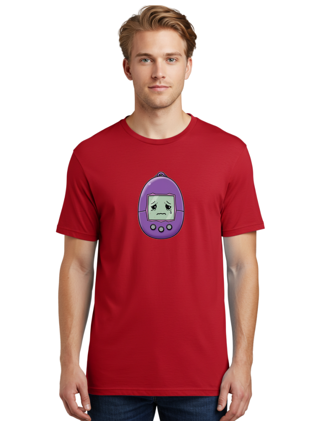 Tamagotchi-3 Men'S Graphic Tee, 100% Cotton, Comfortable Casual Summer Wear, Machine Washable, Purple Digital Pet, Sad Face, Crying Tamagotchi, Retro Toy, Nostalgic Tech, Digital Creature, Sad Expression, Vintage Gadget Bab497