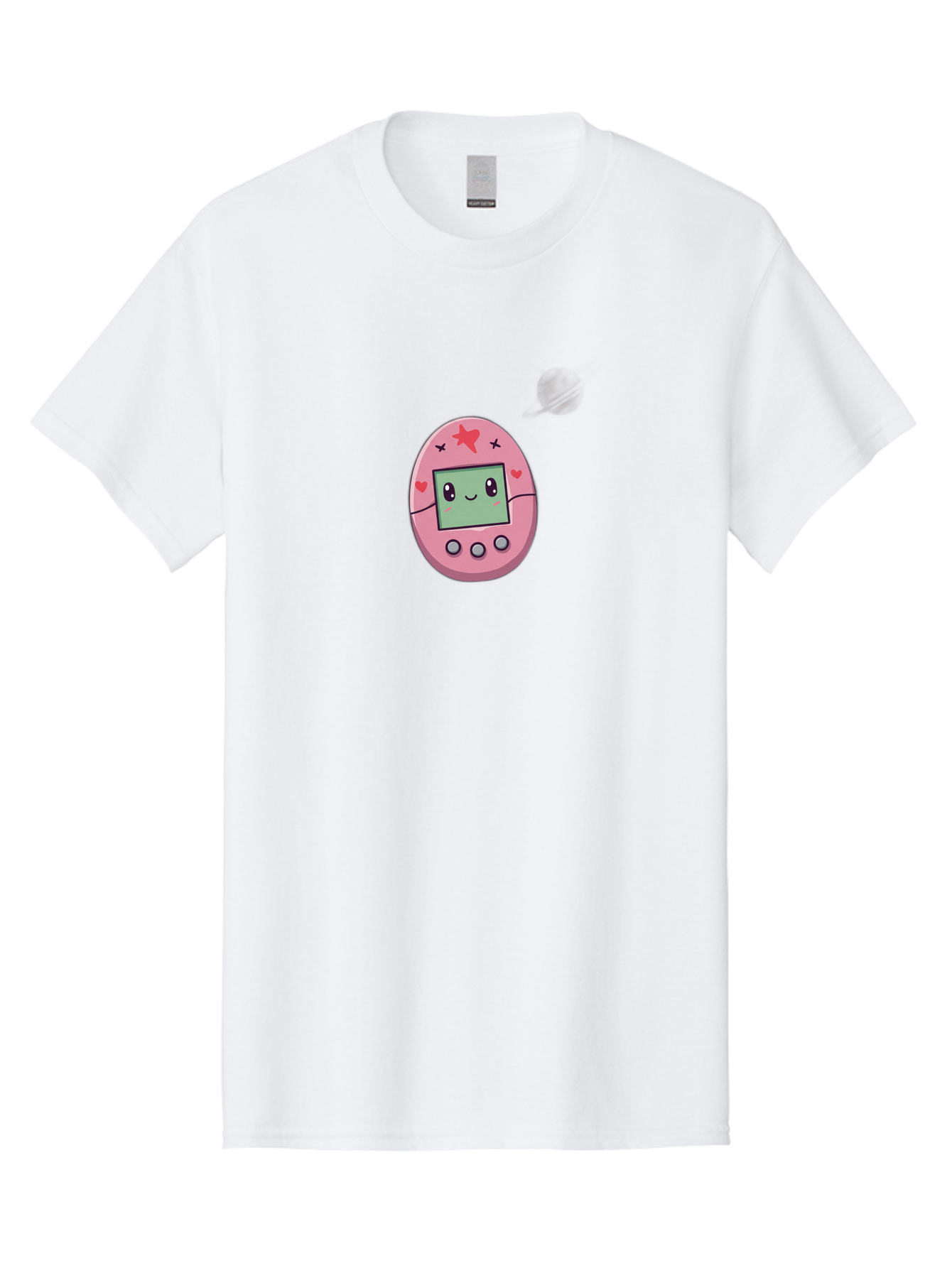 Tamagotchi-8 Men'S Graphic Tee, 100% Cotton, Comfortable Casual Summer Wear, Machine Washable, Pink Digital Pet, Cartoon Character, Cute Design, Heart And Star Decorations, Smiling Face, Digital Display, Interactive Buttons, Virtual Pet, Bab502