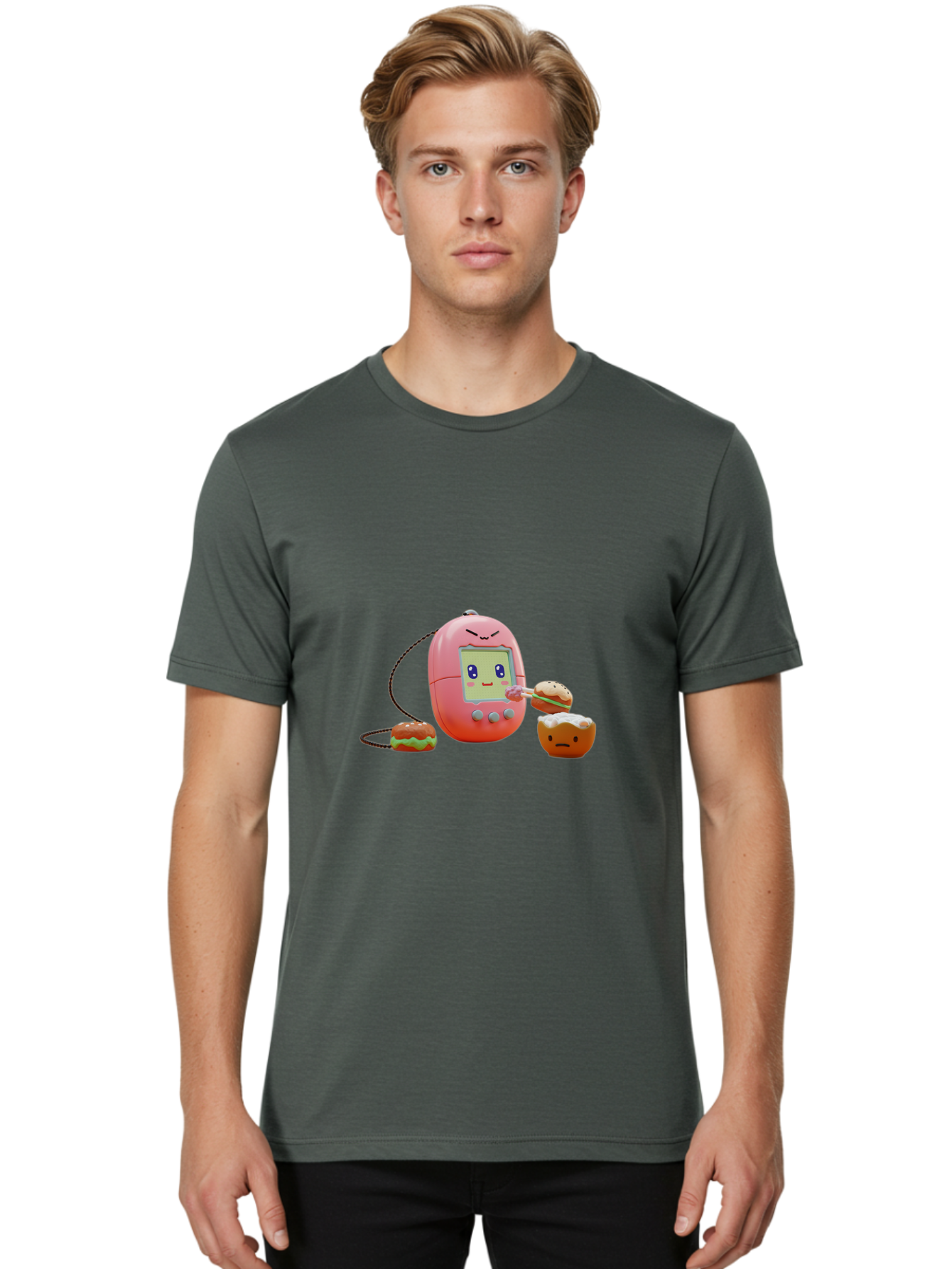 Tamagotchi-Feeding-Burgers Men'S Graphic Tee, 100% Cotton, Comfortable Casual Summer Wear, Machine Washable, Tamagotchi Digital Pet, Cartoon Character, Kawaii Culture, Handheld Game, Pastel Colors, Burger, Food, Digital Creature, Retro Gaming, Bab504