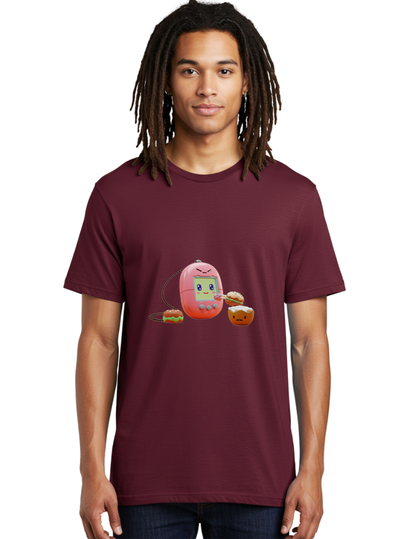 Tamagotchi-Feeding-Burgers Men'S Graphic Tee, 100% Cotton, Comfortable Casual Summer Wear, Machine Washable, Tamagotchi Digital Pet, Cartoon Character, Kawaii Culture, Handheld Game, Pastel Colors, Burger, Food, Digital Creature, Retro Gaming, Bab504