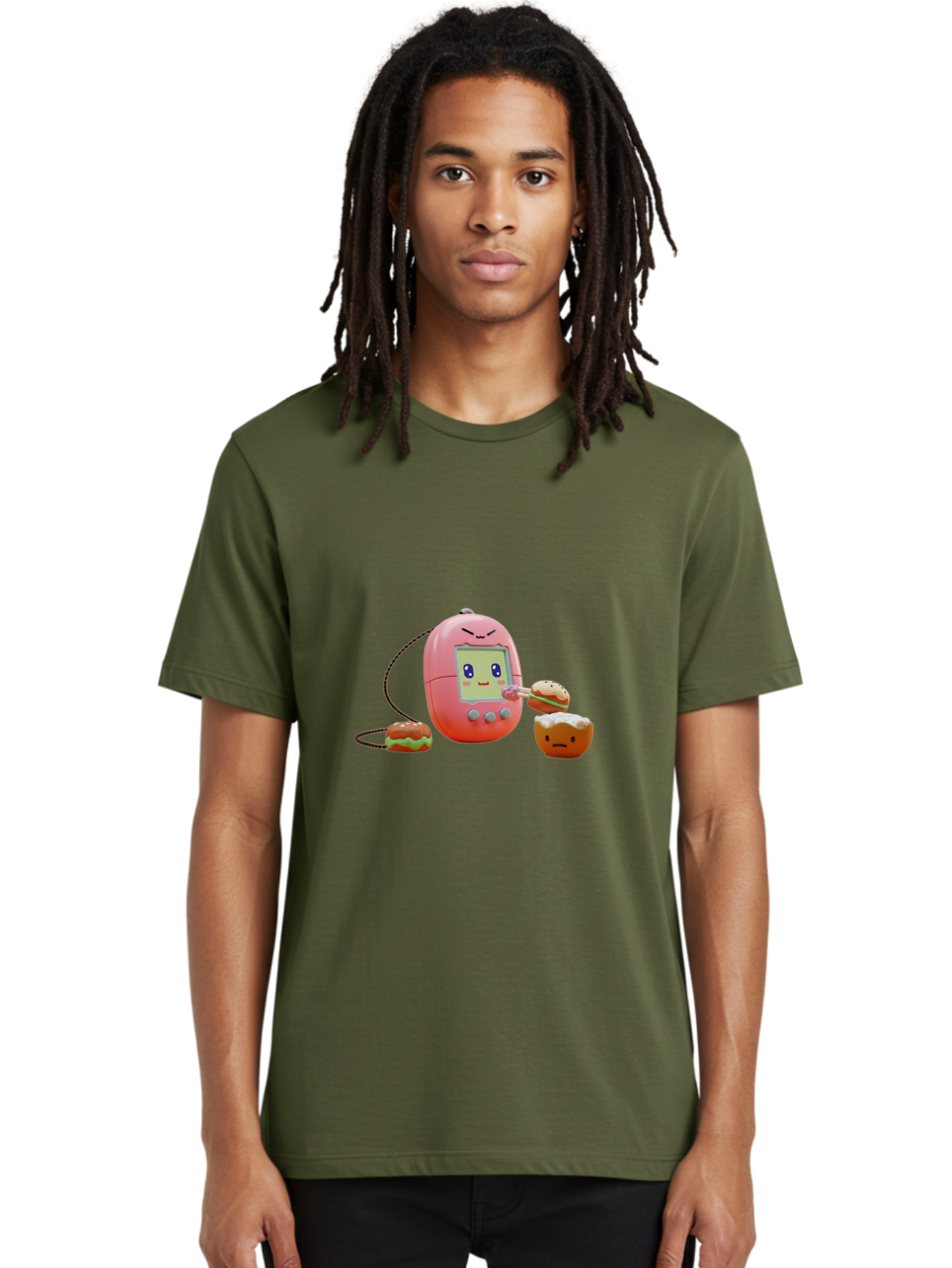 Tamagotchi-Feeding-Burgers Men'S Graphic Tee, 100% Cotton, Comfortable Casual Summer Wear, Machine Washable, Tamagotchi Digital Pet, Cartoon Character, Kawaii Culture, Handheld Game, Pastel Colors, Burger, Food, Digital Creature, Retro Gaming, Bab504