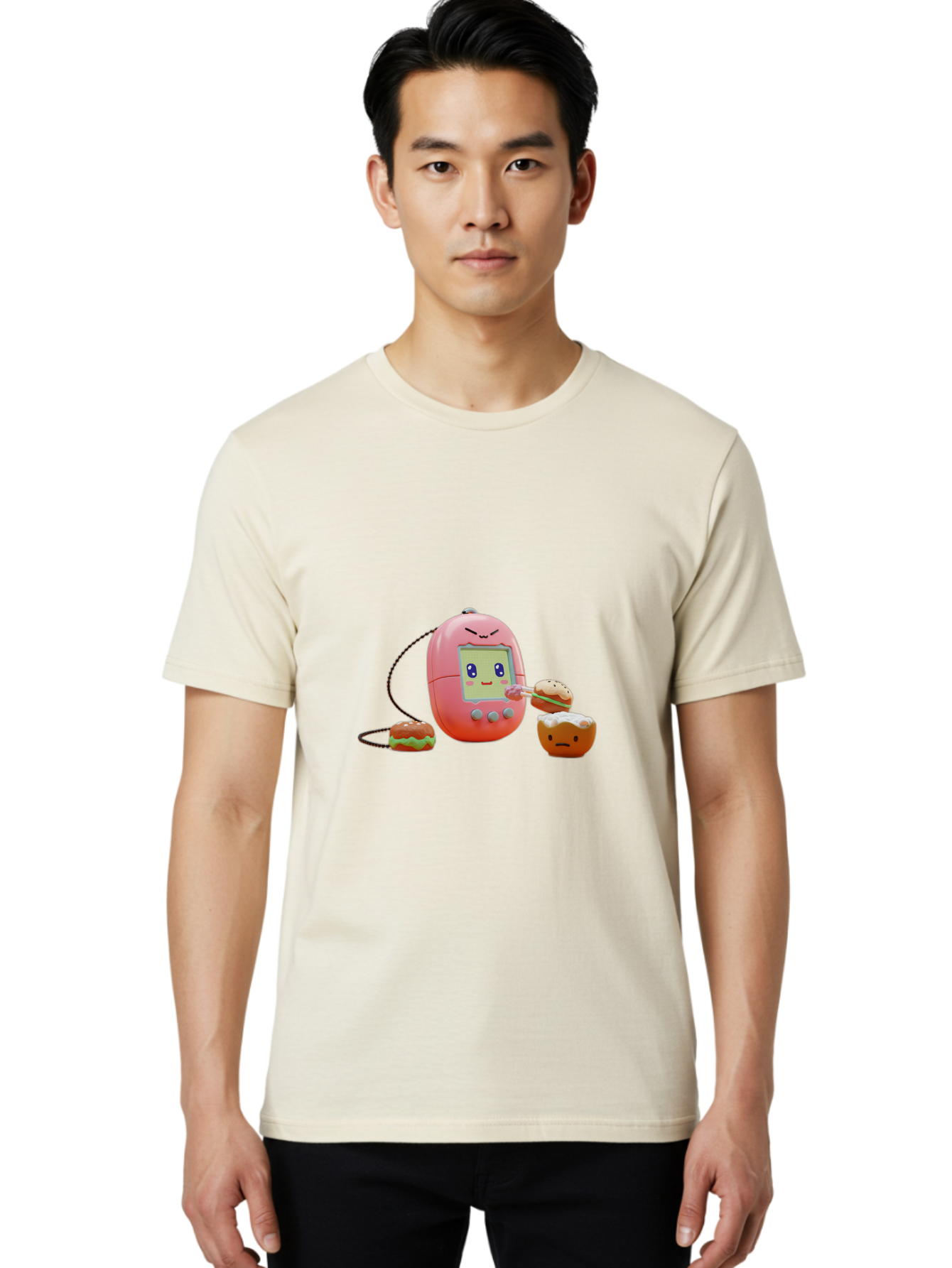 Tamagotchi-Feeding-Burgers Men'S Graphic Tee, 100% Cotton, Comfortable Casual Summer Wear, Machine Washable, Tamagotchi Digital Pet, Cartoon Character, Kawaii Culture, Handheld Game, Pastel Colors, Burger, Food, Digital Creature, Retro Gaming, Bab504