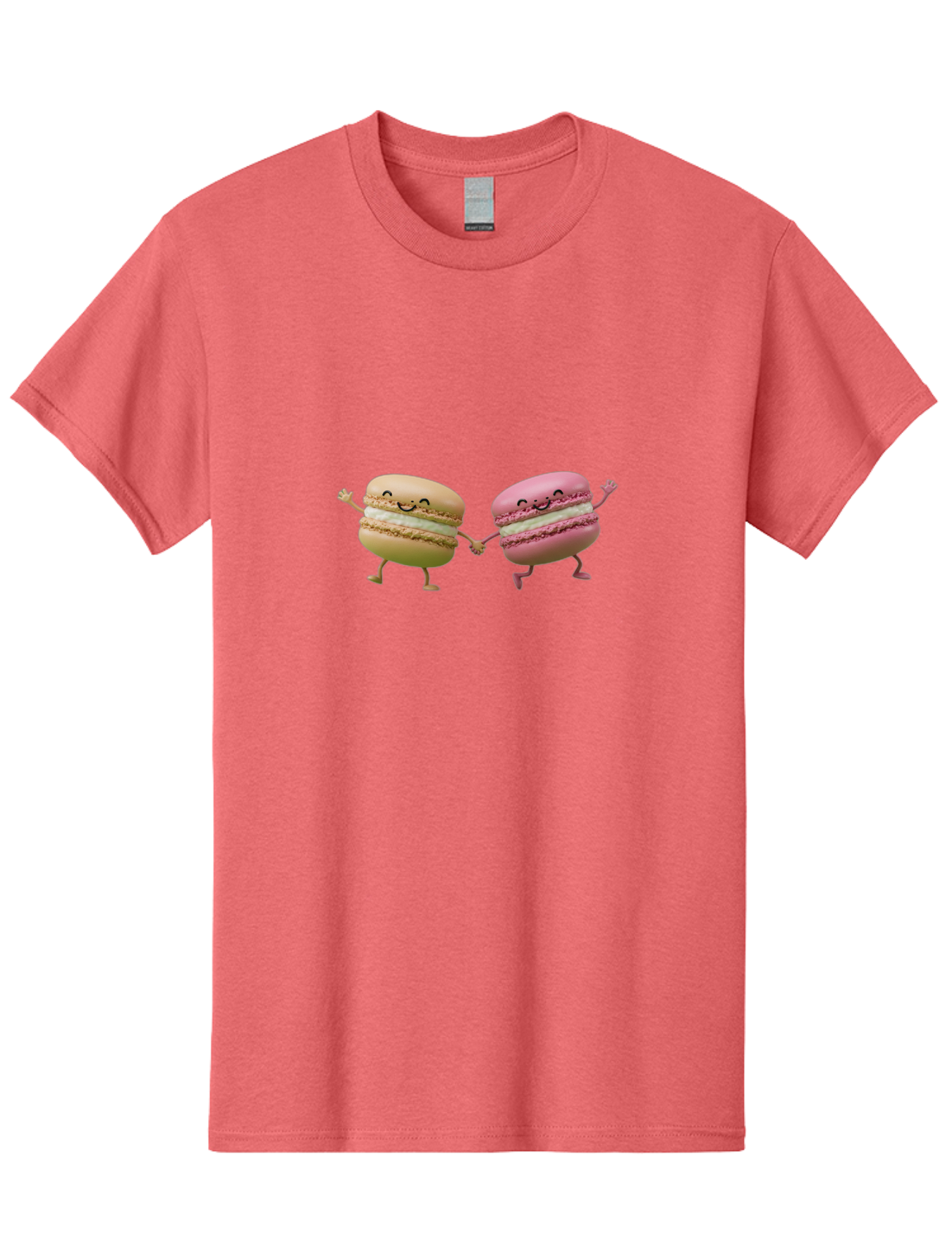 Tan-And-Pink-Macarons Men'S Graphic Tee, 100% Cotton, Comfortable Casual Summer Wear, Machine Washable, Cartoon Macarons, Macaron Characters, Smiling Macarons, Holding Hands Macarons, Beige Macaron, Pink Macaron, White Filling Bab506