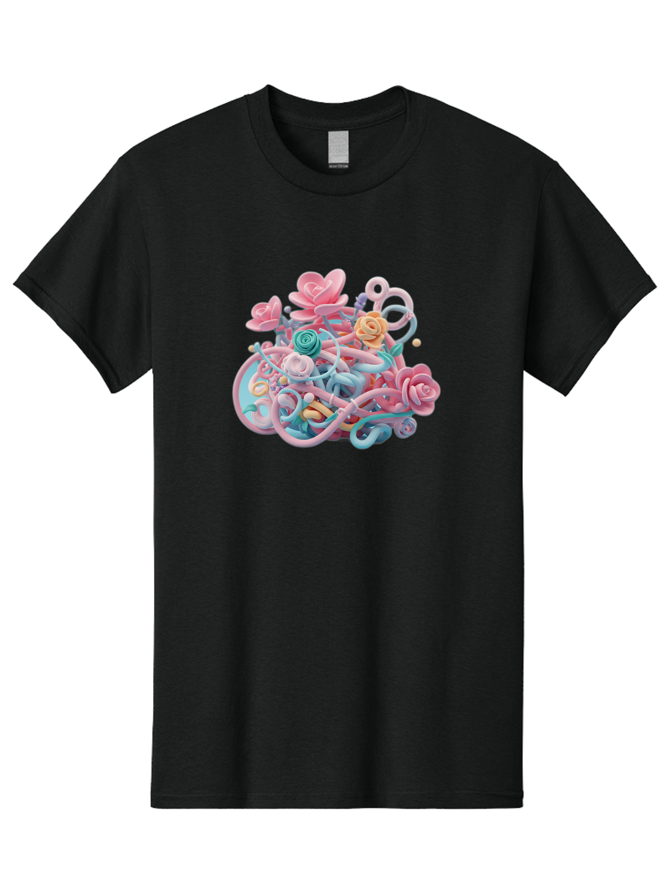 Tangled-Floral Men'S Graphic Tee, 100% Cotton, Comfortable Casual Summer Wear, Machine Washable, Pastel Flowers, Swirling Shapes, Floral Arrangement, Soft Colors, Whimsical Design, 3D Rendering, Abstract Floral, Colorful Blooms, Bab507