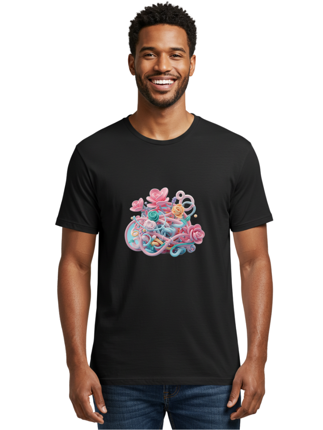 Tangled-Floral Men'S Graphic Tee, 100% Cotton, Comfortable Casual Summer Wear, Machine Washable, Pastel Flowers, Swirling Shapes, Floral Arrangement, Soft Colors, Whimsical Design, 3D Rendering, Abstract Floral, Colorful Blooms, Bab507