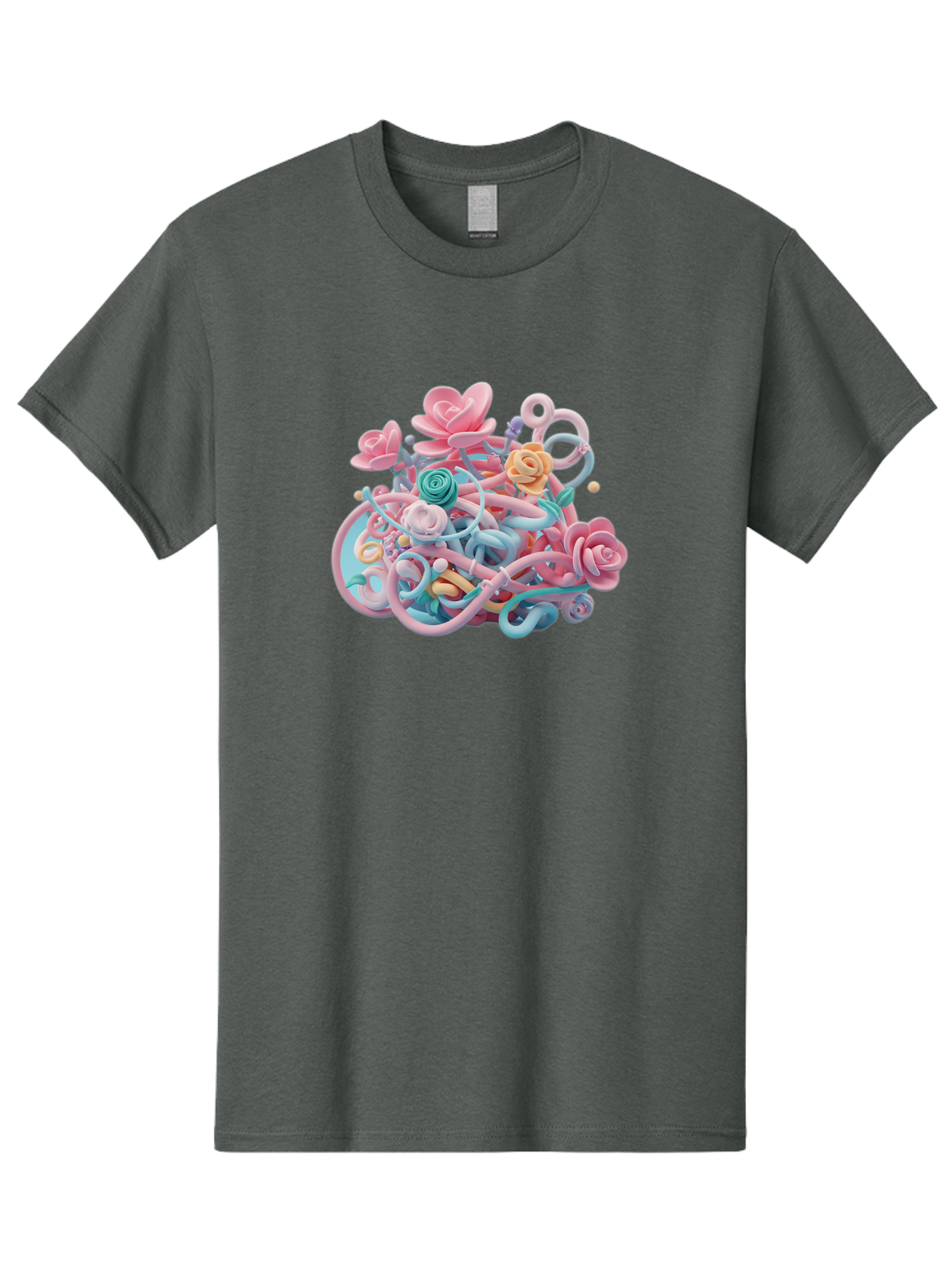 Tangled-Floral Men'S Graphic Tee, 100% Cotton, Comfortable Casual Summer Wear, Machine Washable, Pastel Flowers, Swirling Shapes, Floral Arrangement, Soft Colors, Whimsical Design, 3D Rendering, Abstract Floral, Colorful Blooms, Bab507