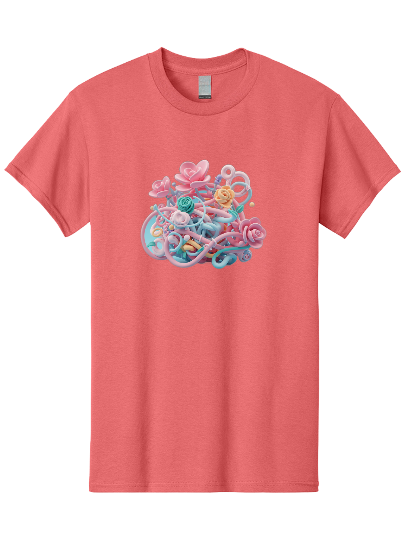 Tangled-Floral Men'S Graphic Tee, 100% Cotton, Comfortable Casual Summer Wear, Machine Washable, Pastel Flowers, Swirling Shapes, Floral Arrangement, Soft Colors, Whimsical Design, 3D Rendering, Abstract Floral, Colorful Blooms, Bab507