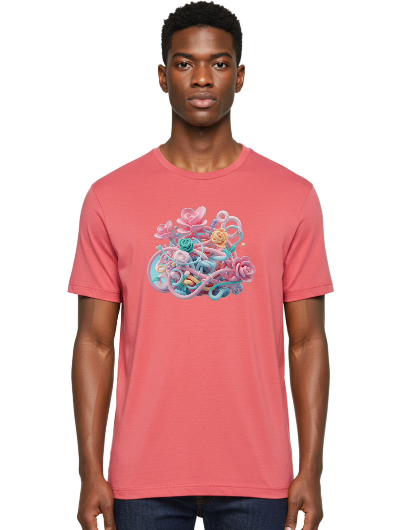 Tangled-Floral Men'S Graphic Tee, 100% Cotton, Comfortable Casual Summer Wear, Machine Washable, Pastel Flowers, Swirling Shapes, Floral Arrangement, Soft Colors, Whimsical Design, 3D Rendering, Abstract Floral, Colorful Blooms, Bab507