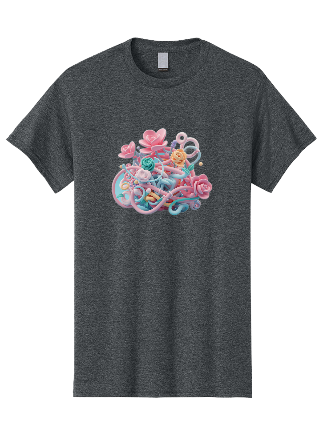 Tangled-Floral Men'S Graphic Tee, 100% Cotton, Comfortable Casual Summer Wear, Machine Washable, Pastel Flowers, Swirling Shapes, Floral Arrangement, Soft Colors, Whimsical Design, 3D Rendering, Abstract Floral, Colorful Blooms, Bab507