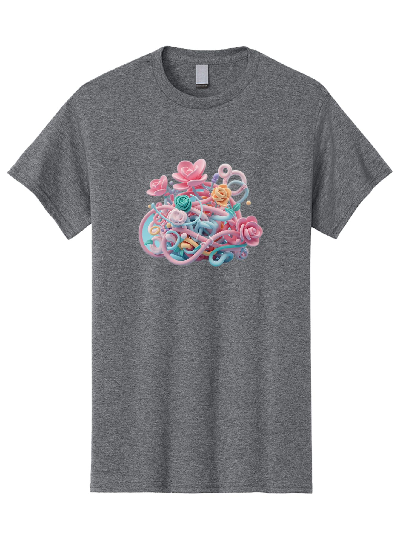 Tangled-Floral Men'S Graphic Tee, 100% Cotton, Comfortable Casual Summer Wear, Machine Washable, Pastel Flowers, Swirling Shapes, Floral Arrangement, Soft Colors, Whimsical Design, 3D Rendering, Abstract Floral, Colorful Blooms, Bab507