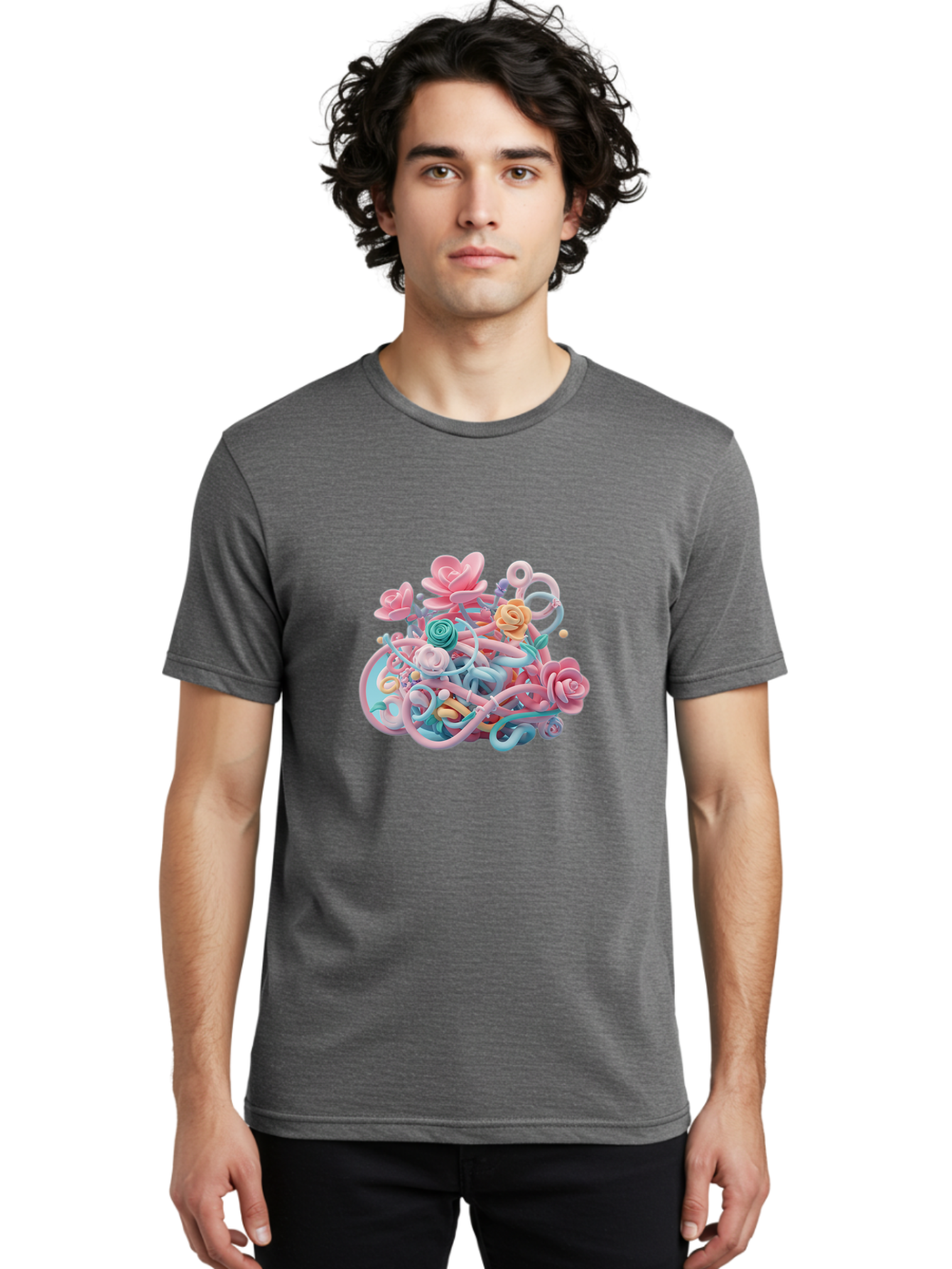 Tangled-Floral Men'S Graphic Tee, 100% Cotton, Comfortable Casual Summer Wear, Machine Washable, Pastel Flowers, Swirling Shapes, Floral Arrangement, Soft Colors, Whimsical Design, 3D Rendering, Abstract Floral, Colorful Blooms, Bab507