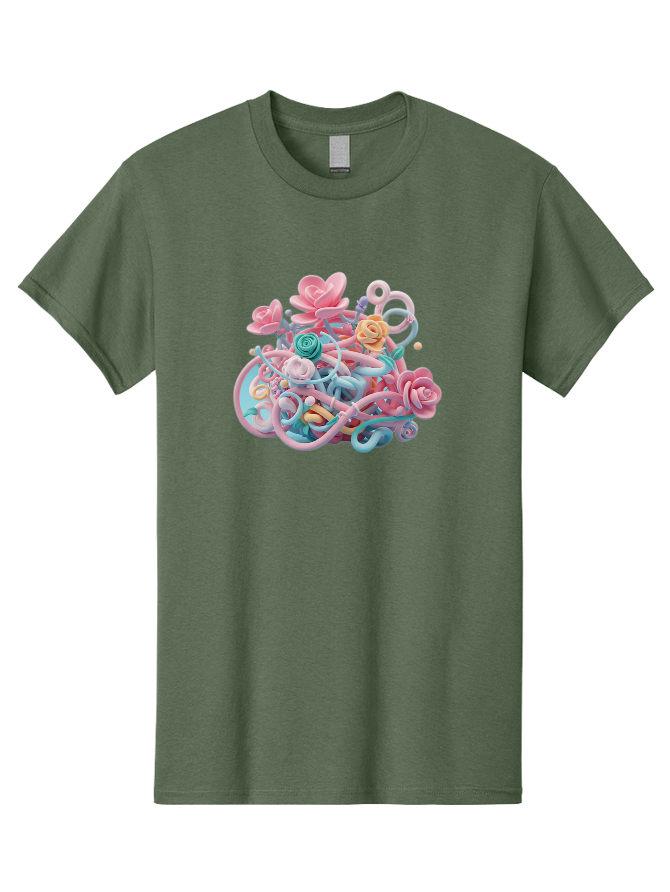 Tangled-Floral Men'S Graphic Tee, 100% Cotton, Comfortable Casual Summer Wear, Machine Washable, Pastel Flowers, Swirling Shapes, Floral Arrangement, Soft Colors, Whimsical Design, 3D Rendering, Abstract Floral, Colorful Blooms, Bab507