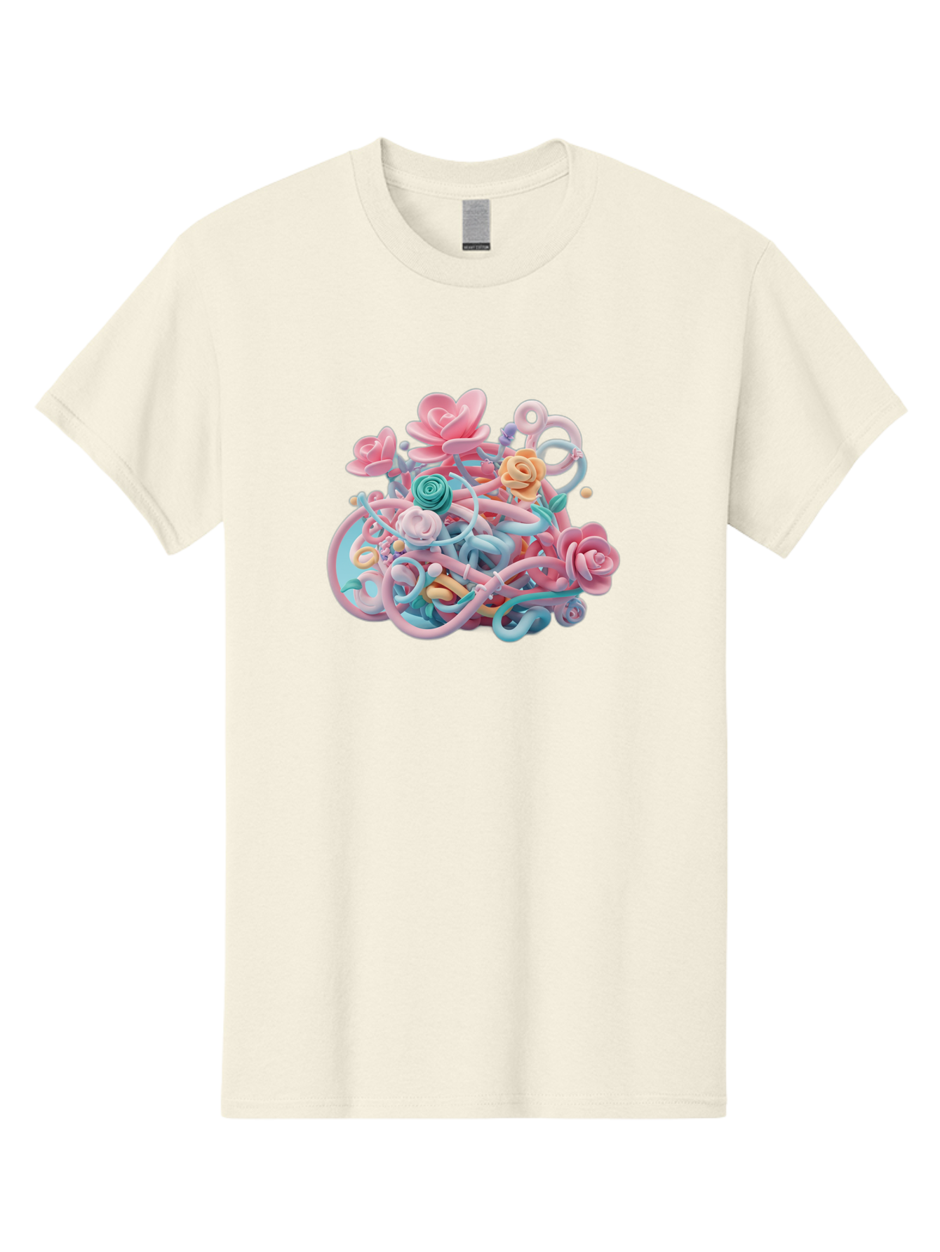 Tangled-Floral Men'S Graphic Tee, 100% Cotton, Comfortable Casual Summer Wear, Machine Washable, Pastel Flowers, Swirling Shapes, Floral Arrangement, Soft Colors, Whimsical Design, 3D Rendering, Abstract Floral, Colorful Blooms, Bab507