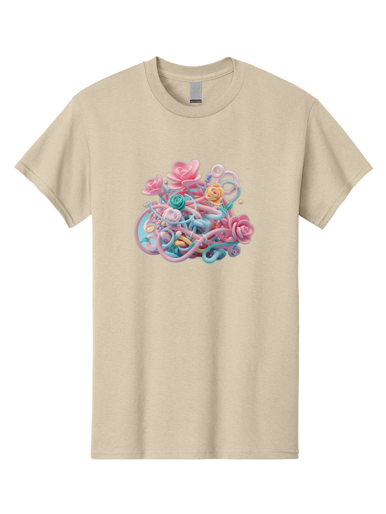 Tangled-Floral Men'S Graphic Tee, 100% Cotton, Comfortable Casual Summer Wear, Machine Washable, Pastel Flowers, Swirling Shapes, Floral Arrangement, Soft Colors, Whimsical Design, 3D Rendering, Abstract Floral, Colorful Blooms, Bab507
