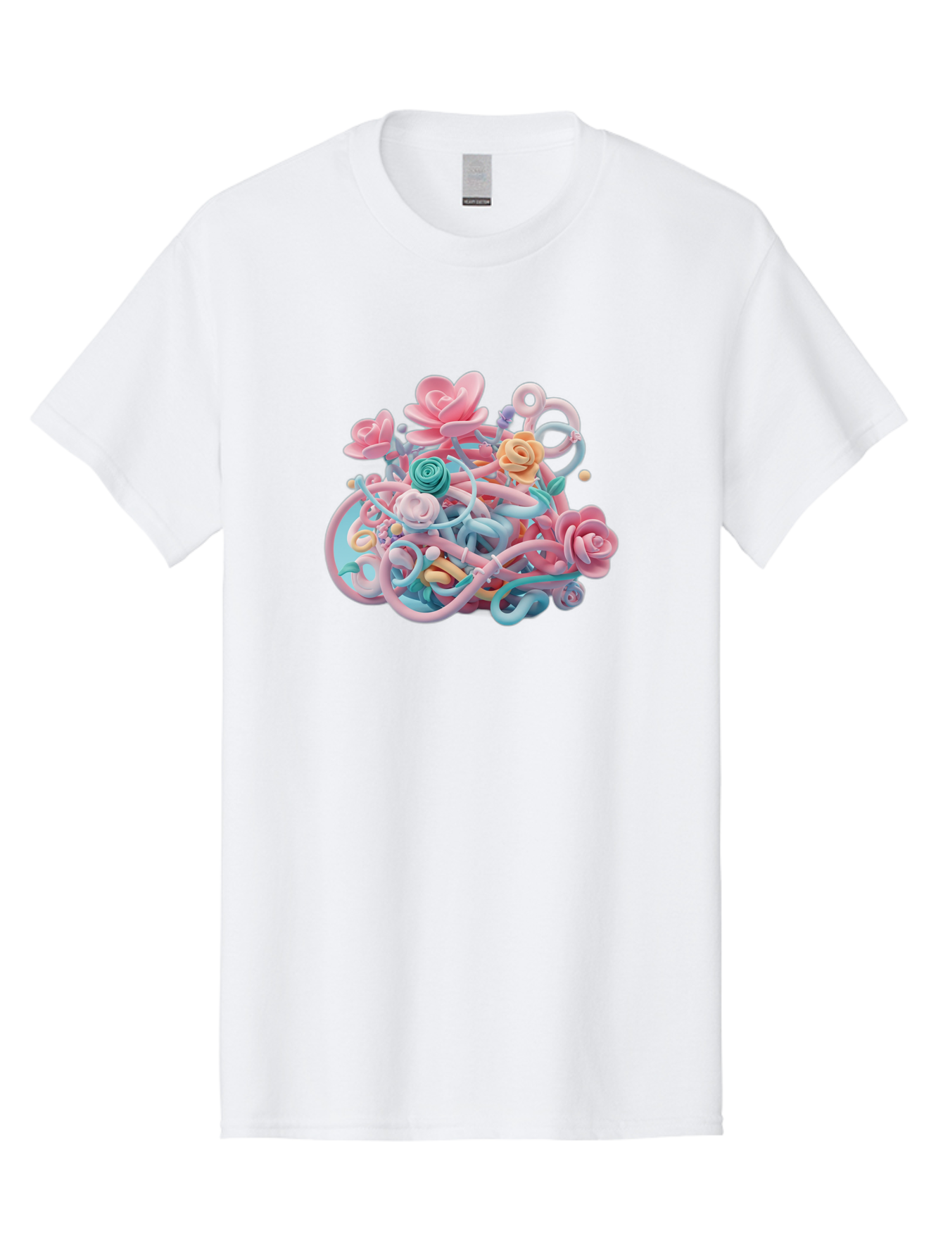 Tangled-Floral Men'S Graphic Tee, 100% Cotton, Comfortable Casual Summer Wear, Machine Washable, Pastel Flowers, Swirling Shapes, Floral Arrangement, Soft Colors, Whimsical Design, 3D Rendering, Abstract Floral, Colorful Blooms, Bab507