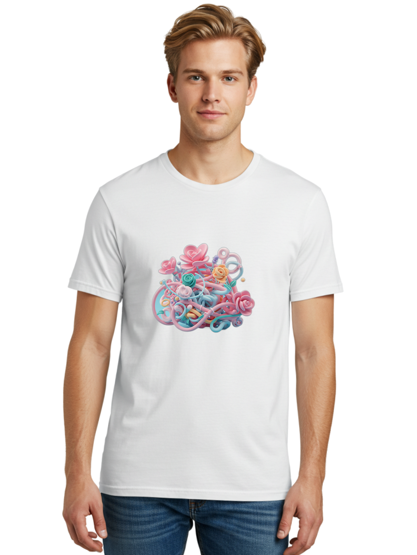 Tangled-Floral Men'S Graphic Tee, 100% Cotton, Comfortable Casual Summer Wear, Machine Washable, Pastel Flowers, Swirling Shapes, Floral Arrangement, Soft Colors, Whimsical Design, 3D Rendering, Abstract Floral, Colorful Blooms, Bab507