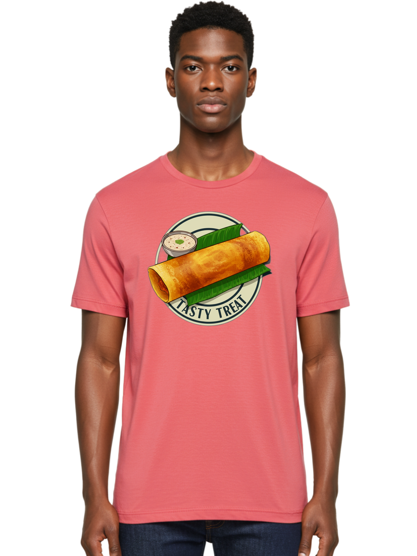 Tasty-Treat-1 Men'S Graphic Tee, 100% Cotton, Comfortable Casual Summer Wear, Machine Washable, South Indian Cuisine, Dosa, Crepe, Chutney, Traditional Indian Food, Tasty Dosa, Indian Crepe, Fermented Rice And Lentil Batter, Crispy Dosa, Bab508