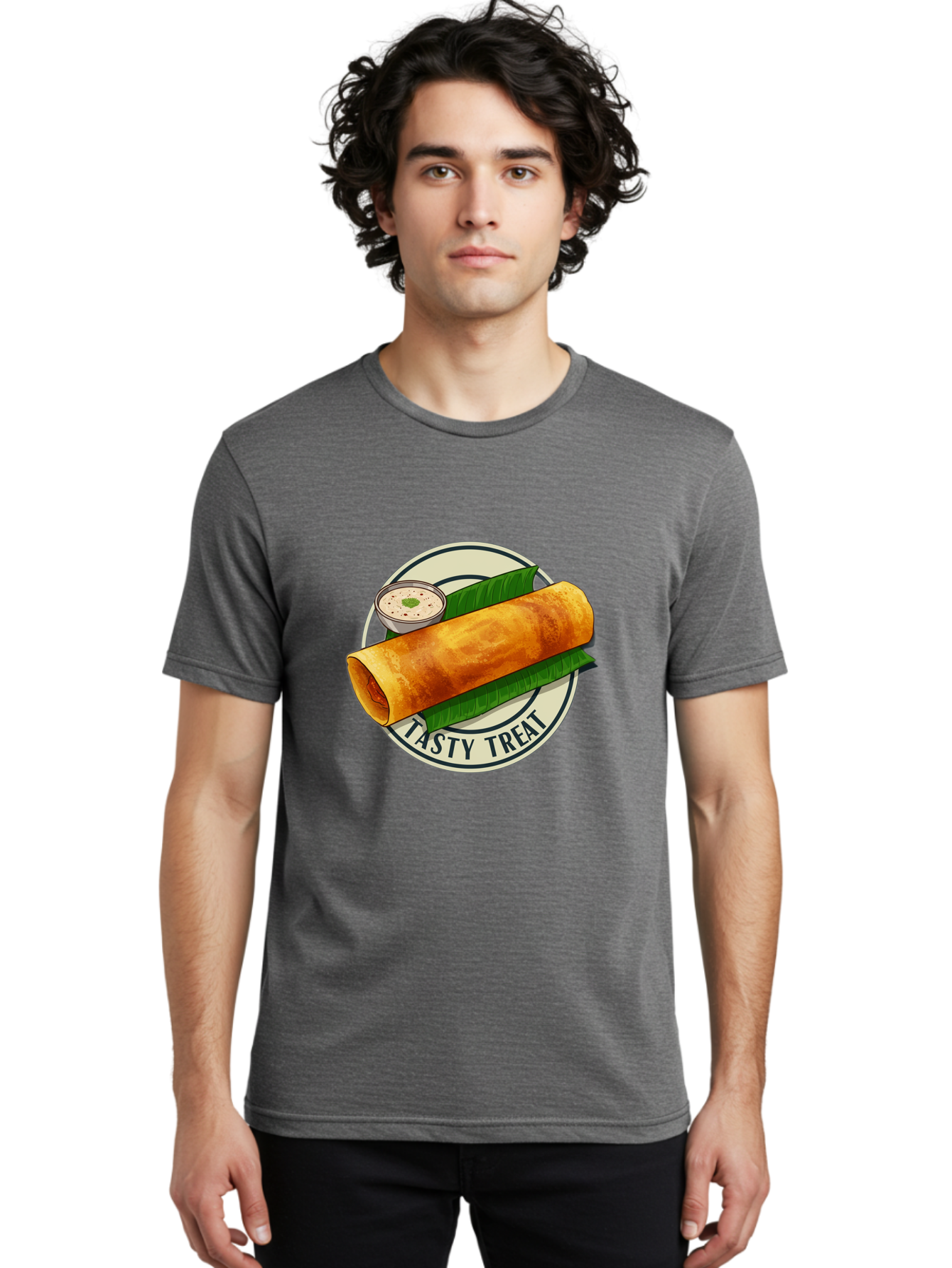 Tasty-Treat-1 Men'S Graphic Tee, 100% Cotton, Comfortable Casual Summer Wear, Machine Washable, South Indian Cuisine, Dosa, Crepe, Chutney, Traditional Indian Food, Tasty Dosa, Indian Crepe, Fermented Rice And Lentil Batter, Crispy Dosa, Bab508
