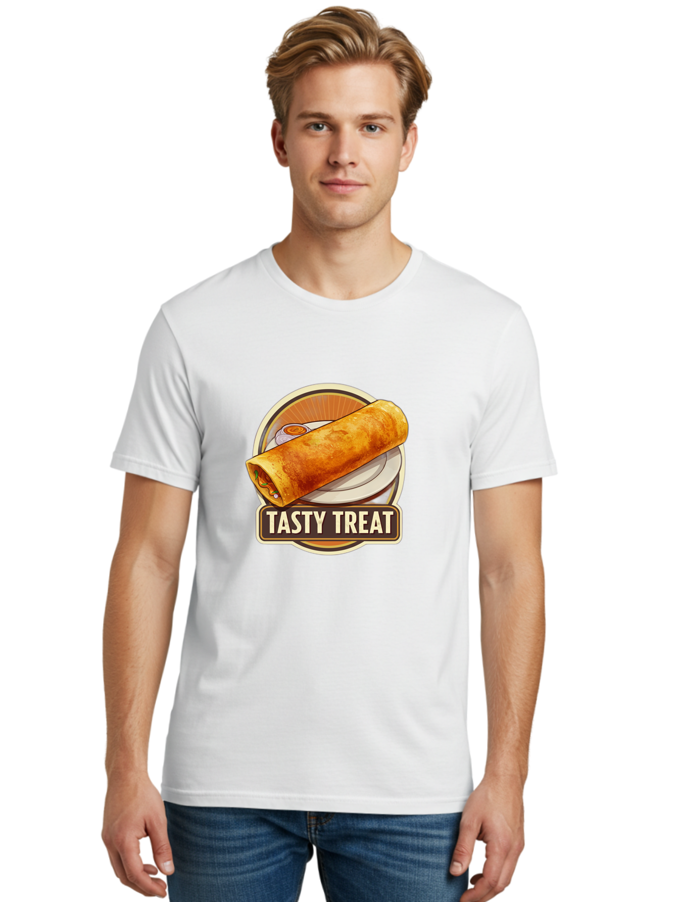 Tasty-Treat-10 Men'S Graphic Tee, 100% Cotton, Comfortable Casual Summer Wear, Machine Washable, Crispy Dosa, Savory Crepe, Indian Cuisine, Street Food, Tasty Treat, Foodie Delight, Authentic Flavors, Cultural Heritage Bab509