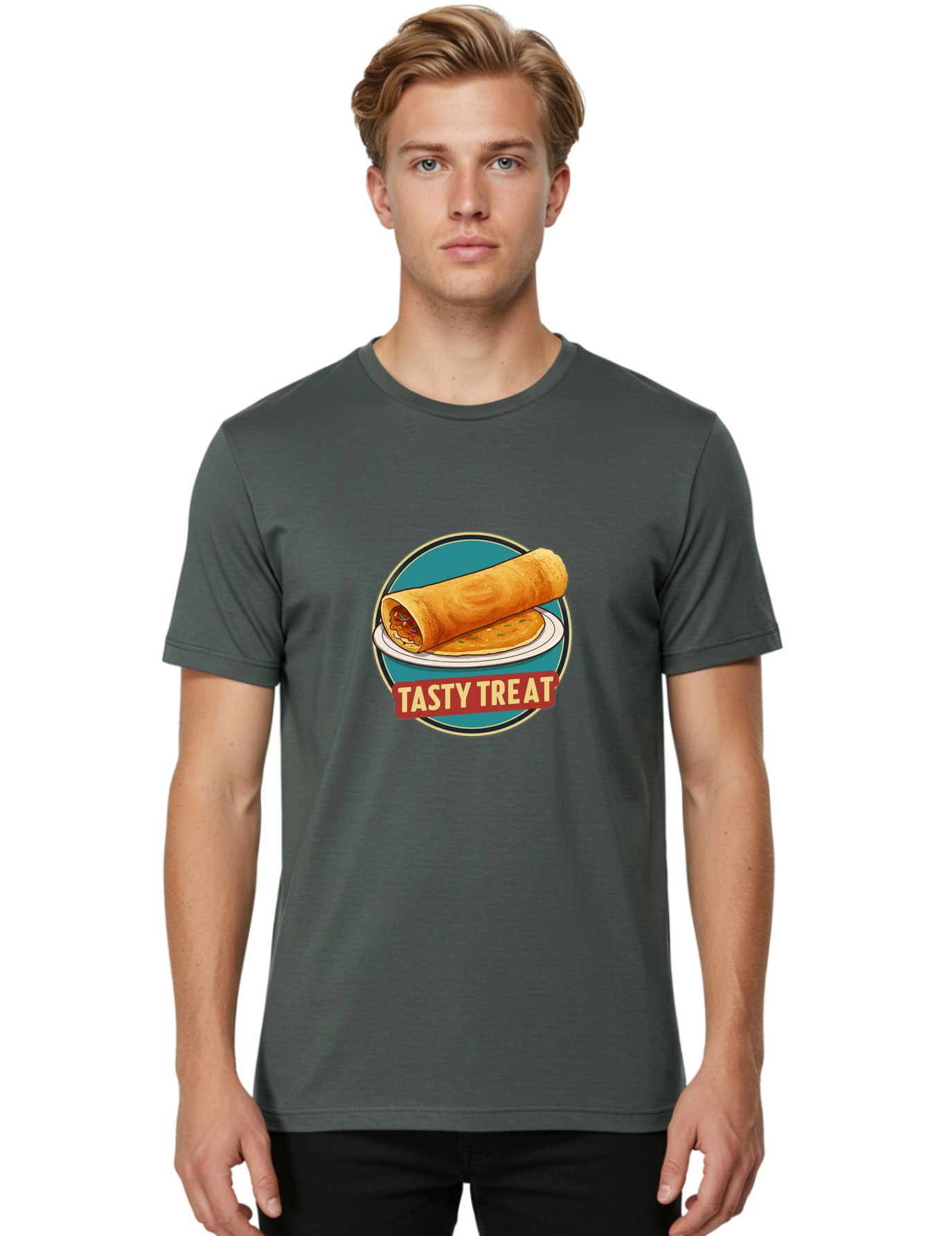 Tasty-Treat-11 Men'S Graphic Tee, 100% Cotton, Comfortable Casual Summer Wear, Machine Washable, Rolled Dosa, Savory Crepe, Indian Cuisine, South Asian Food, Tasty Treat, Dosa On A Plate, Delicious Meal, Spicy Filling Bab510