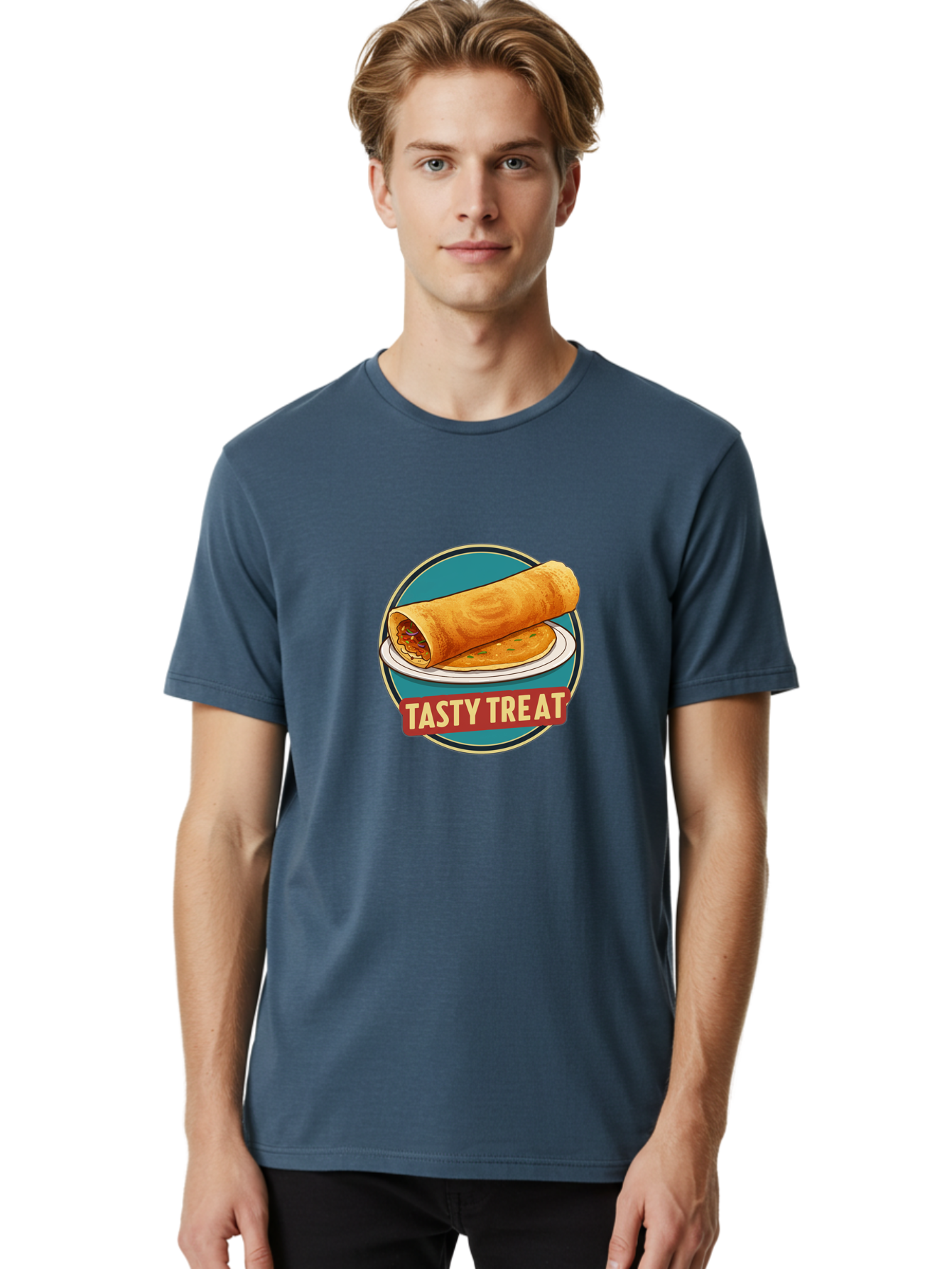 Tasty-Treat-11 Men'S Graphic Tee, 100% Cotton, Comfortable Casual Summer Wear, Machine Washable, Rolled Dosa, Savory Crepe, Indian Cuisine, South Asian Food, Tasty Treat, Dosa On A Plate, Delicious Meal, Spicy Filling Bab510