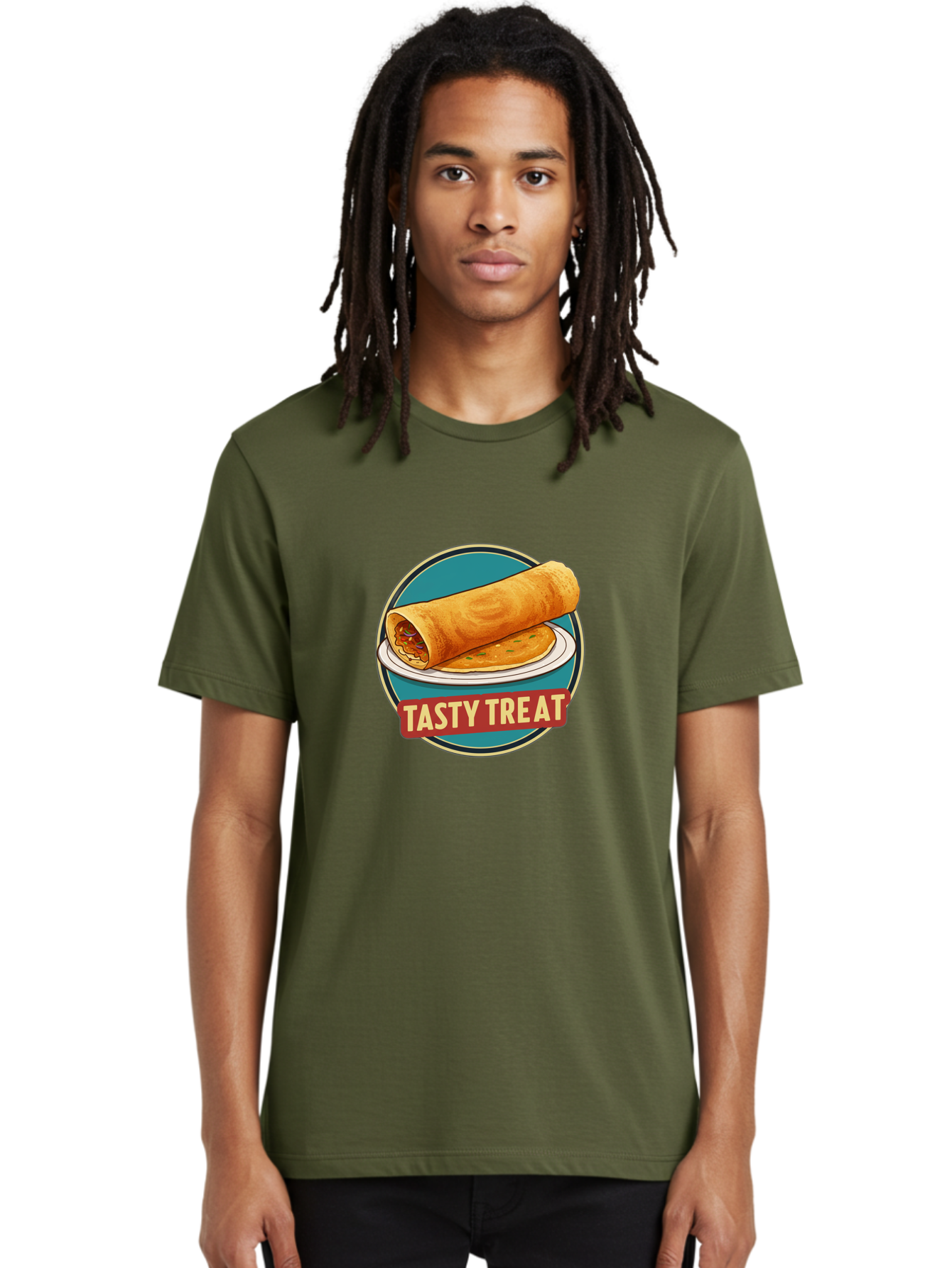 Tasty-Treat-11 Men'S Graphic Tee, 100% Cotton, Comfortable Casual Summer Wear, Machine Washable, Rolled Dosa, Savory Crepe, Indian Cuisine, South Asian Food, Tasty Treat, Dosa On A Plate, Delicious Meal, Spicy Filling Bab510