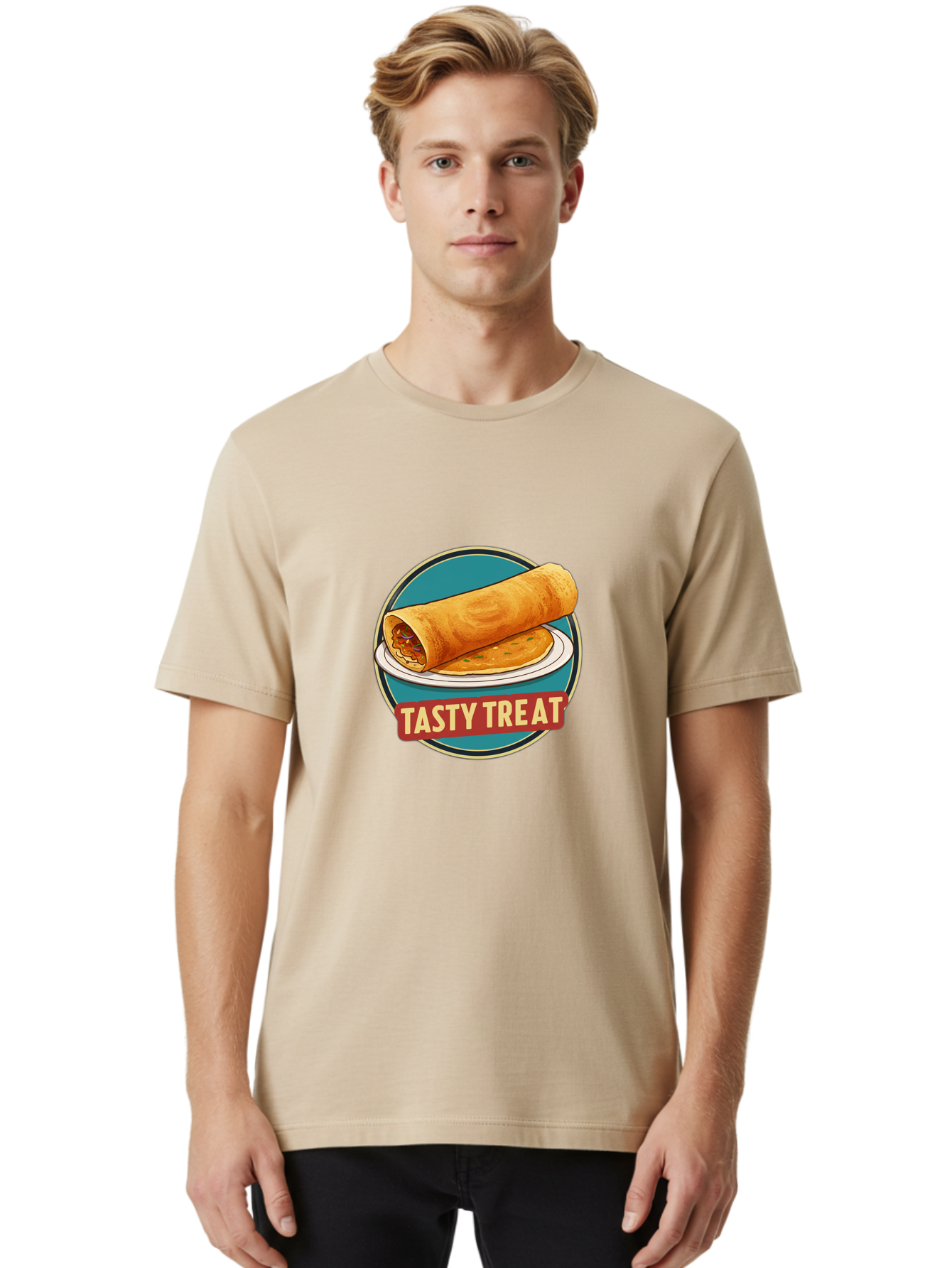 Tasty-Treat-11 Men'S Graphic Tee, 100% Cotton, Comfortable Casual Summer Wear, Machine Washable, Rolled Dosa, Savory Crepe, Indian Cuisine, South Asian Food, Tasty Treat, Dosa On A Plate, Delicious Meal, Spicy Filling Bab510