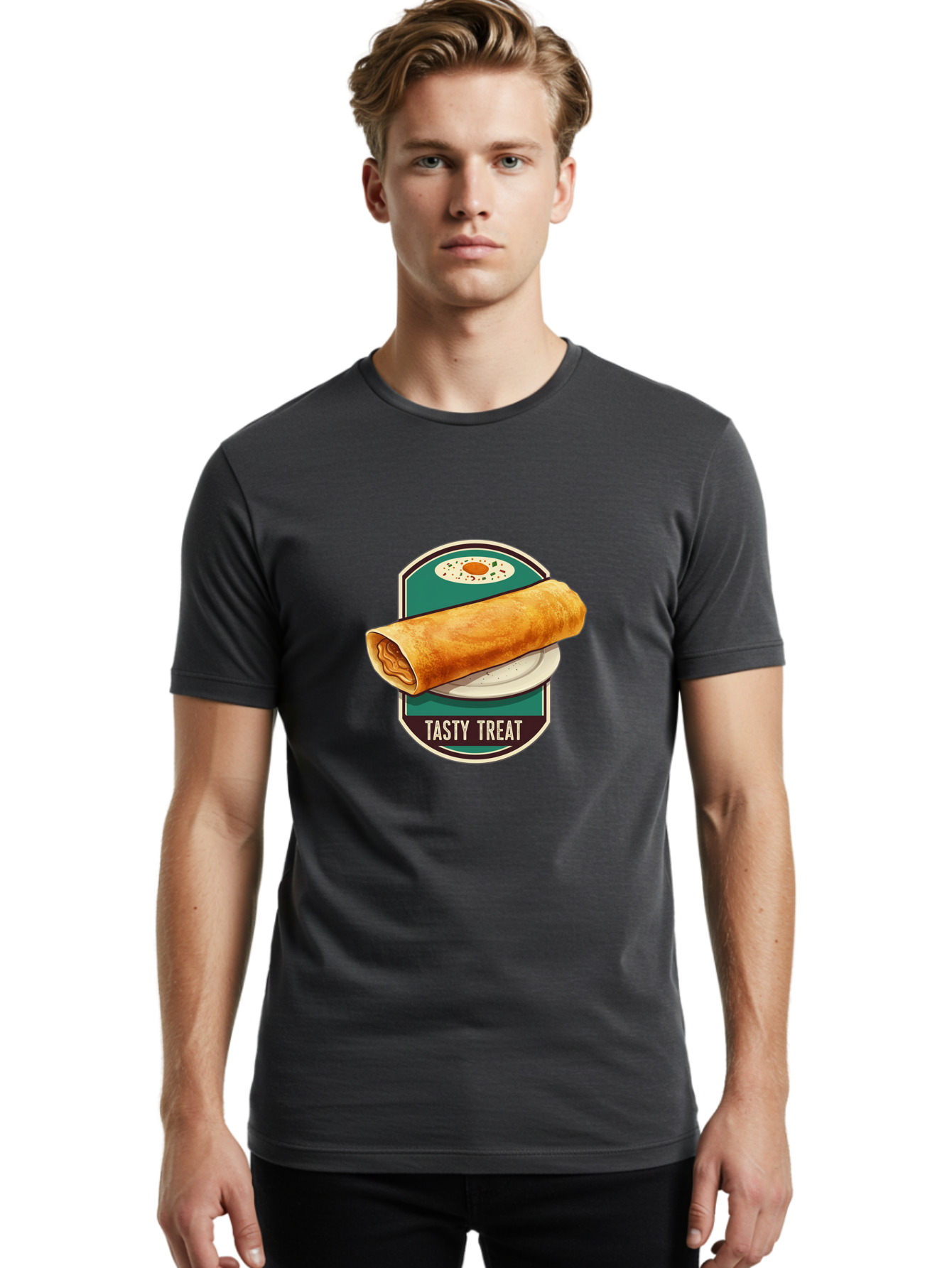 Tasty-Treat-6 Men'S Graphic Tee, 100% Cotton, Comfortable Casual Summer Wear, Machine Washable, Rolled Dosa, Indian Cuisine, Tasty Treat, Dosa On A Plate, South Indian Food, Traditional Dish, Savory Crepe, Street Food, Authentic Flavors, Bab515