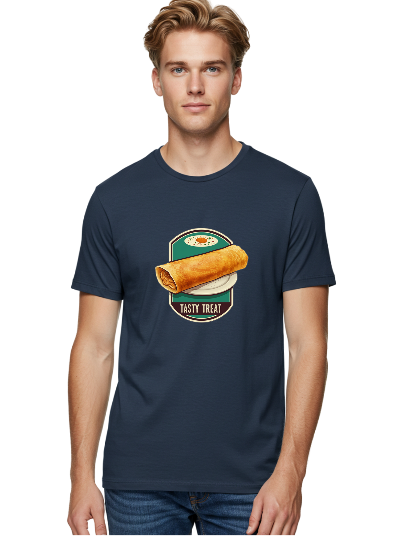 Tasty-Treat-6 Men'S Graphic Tee, 100% Cotton, Comfortable Casual Summer Wear, Machine Washable, Rolled Dosa, Indian Cuisine, Tasty Treat, Dosa On A Plate, South Indian Food, Traditional Dish, Savory Crepe, Street Food, Authentic Flavors, Bab515