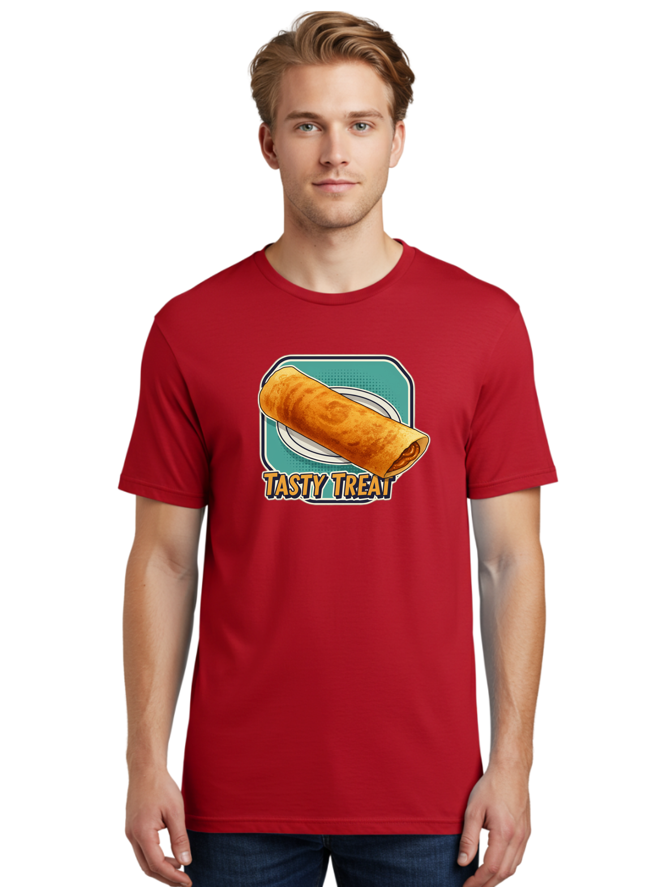 Tasty-Treat-9 Men'S Graphic Tee, 100% Cotton, Comfortable Casual Summer Wear, Machine Washable, Tasty Treat, Crepe On A Plate, Delicious Food, Savory Filling, Finger Food, Crepe, Rolled Pancake, Gourmet Snack Bab518