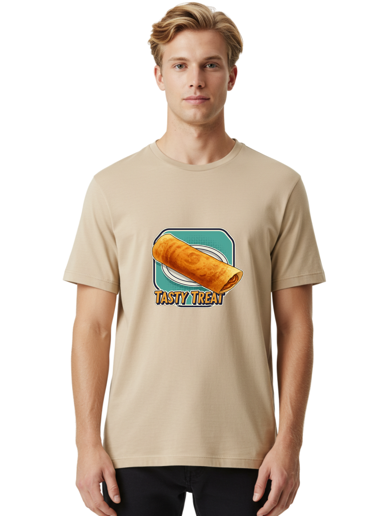 Tasty-Treat-9 Men'S Graphic Tee, 100% Cotton, Comfortable Casual Summer Wear, Machine Washable, Tasty Treat, Crepe On A Plate, Delicious Food, Savory Filling, Finger Food, Crepe, Rolled Pancake, Gourmet Snack Bab518