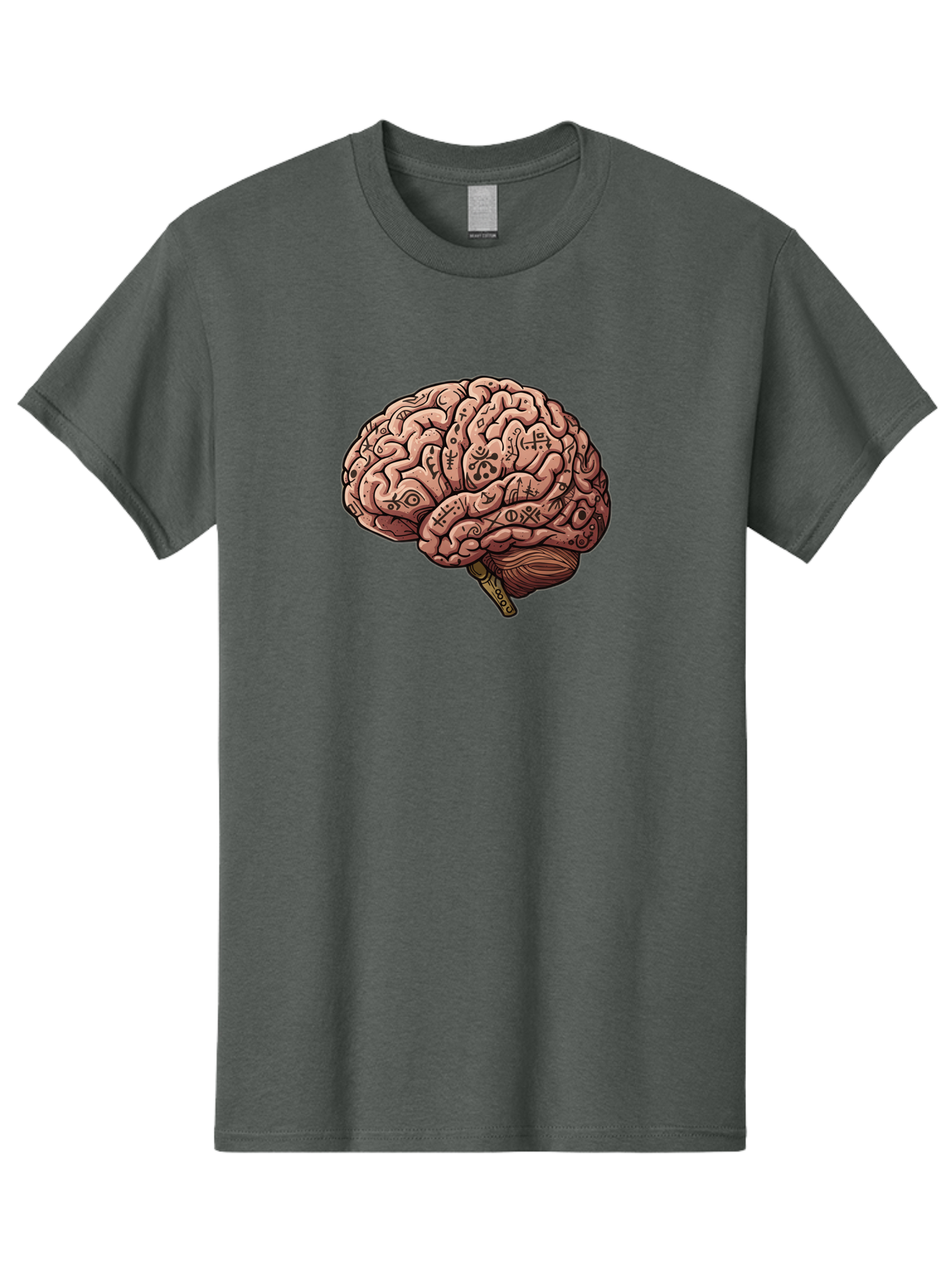 Tattooed-Brain Men'S Graphic Tee, 100% Cotton, Comfortable Casual Summer Wear, Machine Washable, Human Brain With Tattoos, Occult Symbols, Mystical Designs, Psychedelic Art, Surreal Illustration, Esoteric Patterns, Symbolic Imagery, Bab520
