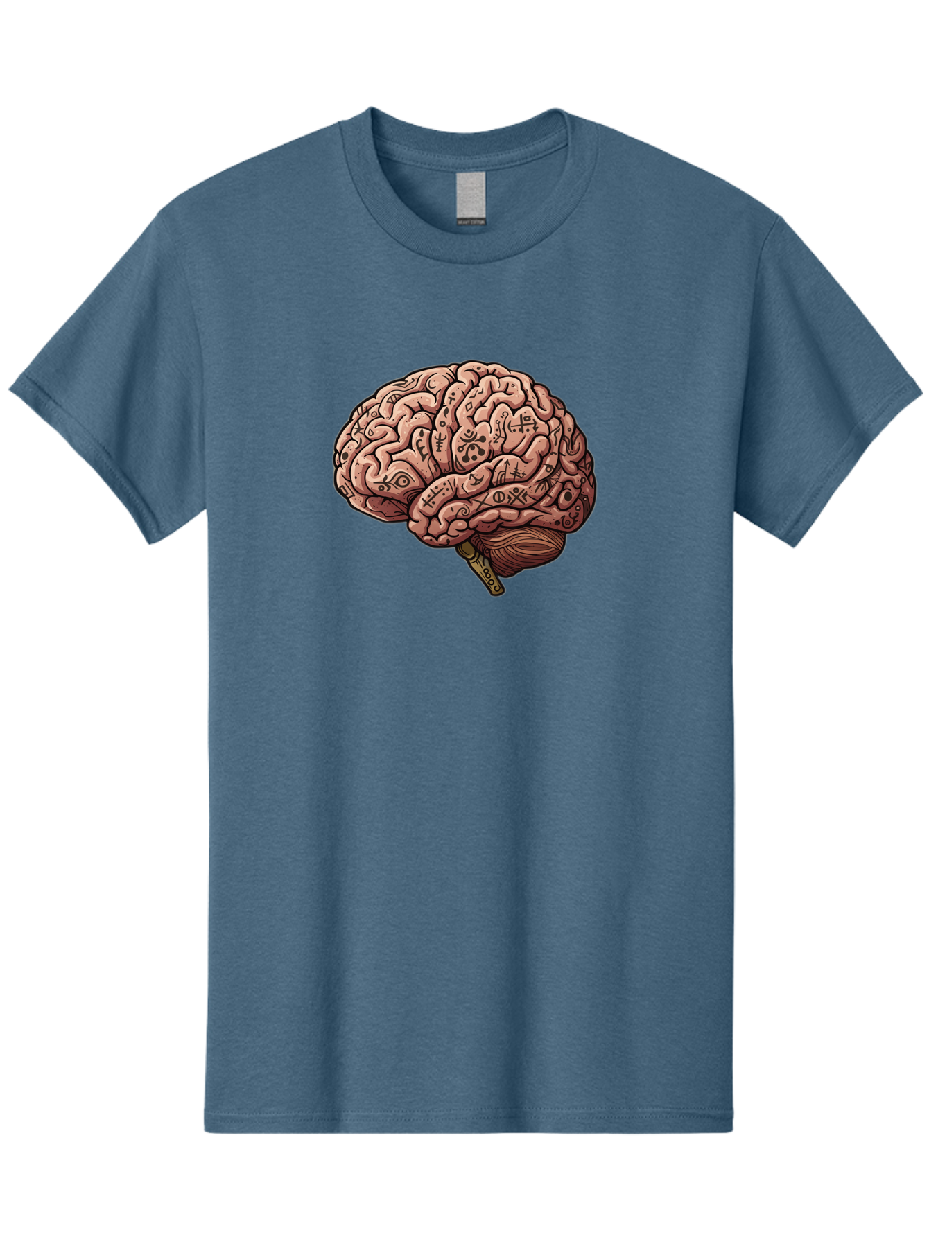 Tattooed-Brain Men'S Graphic Tee, 100% Cotton, Comfortable Casual Summer Wear, Machine Washable, Human Brain With Tattoos, Occult Symbols, Mystical Designs, Psychedelic Art, Surreal Illustration, Esoteric Patterns, Symbolic Imagery, Bab520