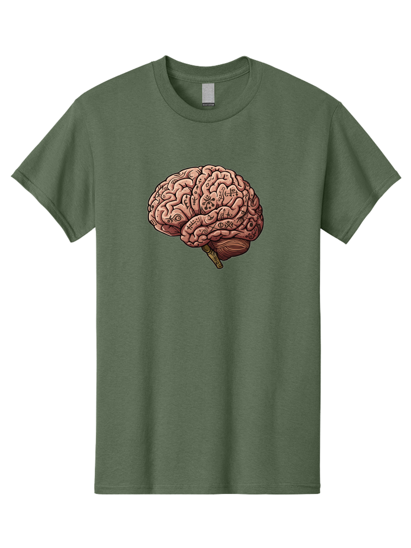 Tattooed-Brain Men'S Graphic Tee, 100% Cotton, Comfortable Casual Summer Wear, Machine Washable, Human Brain With Tattoos, Occult Symbols, Mystical Designs, Psychedelic Art, Surreal Illustration, Esoteric Patterns, Symbolic Imagery, Bab520