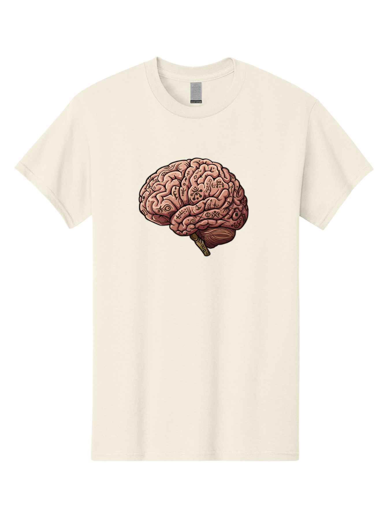 Tattooed-Brain Men'S Graphic Tee, 100% Cotton, Comfortable Casual Summer Wear, Machine Washable, Human Brain With Tattoos, Occult Symbols, Mystical Designs, Psychedelic Art, Surreal Illustration, Esoteric Patterns, Symbolic Imagery, Bab520