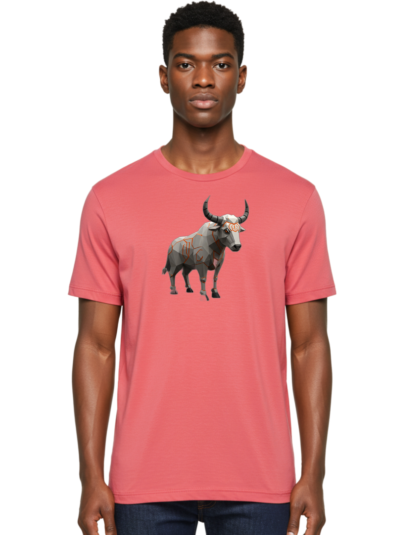 Taurus Men'S Graphic Tee, 100% Cotton, Comfortable Casual Summer Wear, Machine Washable, Low Poly Art, Geometric Bull, Abstract Animal Design, Modern Illustration, Gray And Orange Colors, 3D Style, Futuristic Artwork, Taurus Symbol Bab521