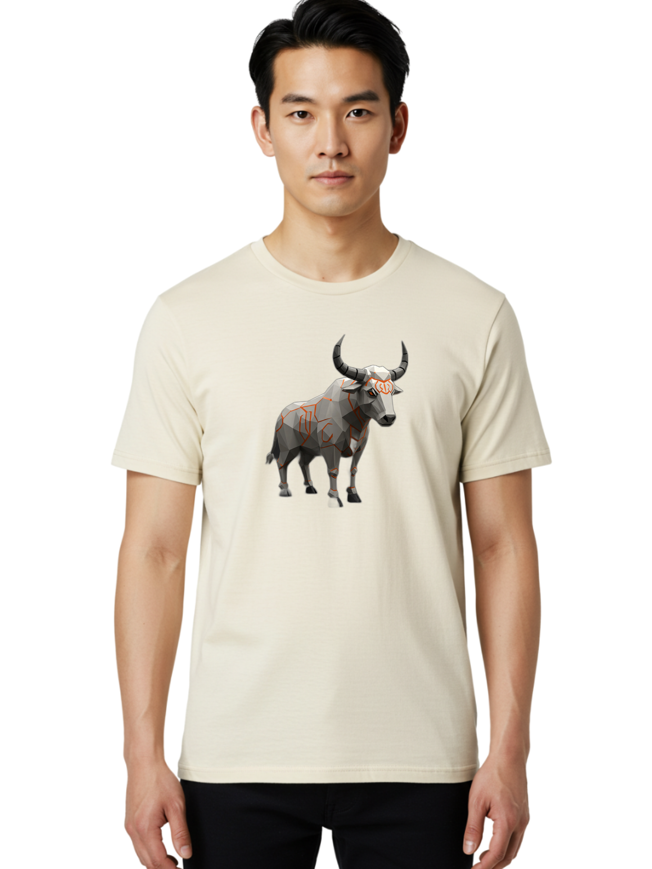 Taurus Men'S Graphic Tee, 100% Cotton, Comfortable Casual Summer Wear, Machine Washable, Low Poly Art, Geometric Bull, Abstract Animal Design, Modern Illustration, Gray And Orange Colors, 3D Style, Futuristic Artwork, Taurus Symbol Bab521