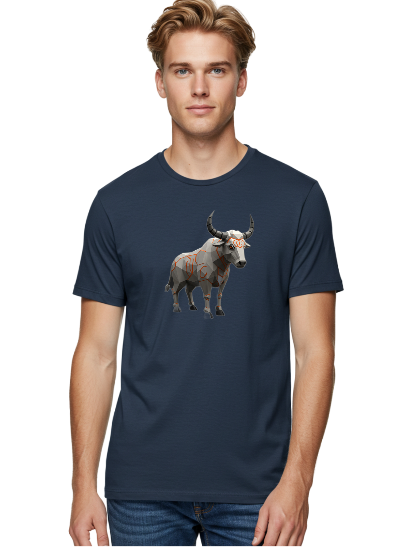 Taurus Men'S Graphic Tee, 100% Cotton, Comfortable Casual Summer Wear, Machine Washable, Low Poly Art, Geometric Bull, Abstract Animal Design, Modern Illustration, Gray And Orange Colors, 3D Style, Futuristic Artwork, Taurus Symbol Bab521