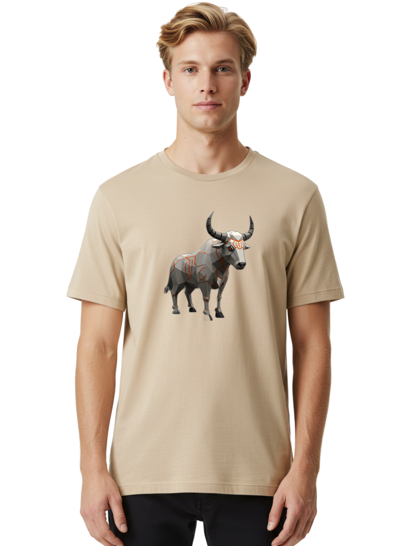 Taurus Men'S Graphic Tee, 100% Cotton, Comfortable Casual Summer Wear, Machine Washable, Low Poly Art, Geometric Bull, Abstract Animal Design, Modern Illustration, Gray And Orange Colors, 3D Style, Futuristic Artwork, Taurus Symbol Bab521