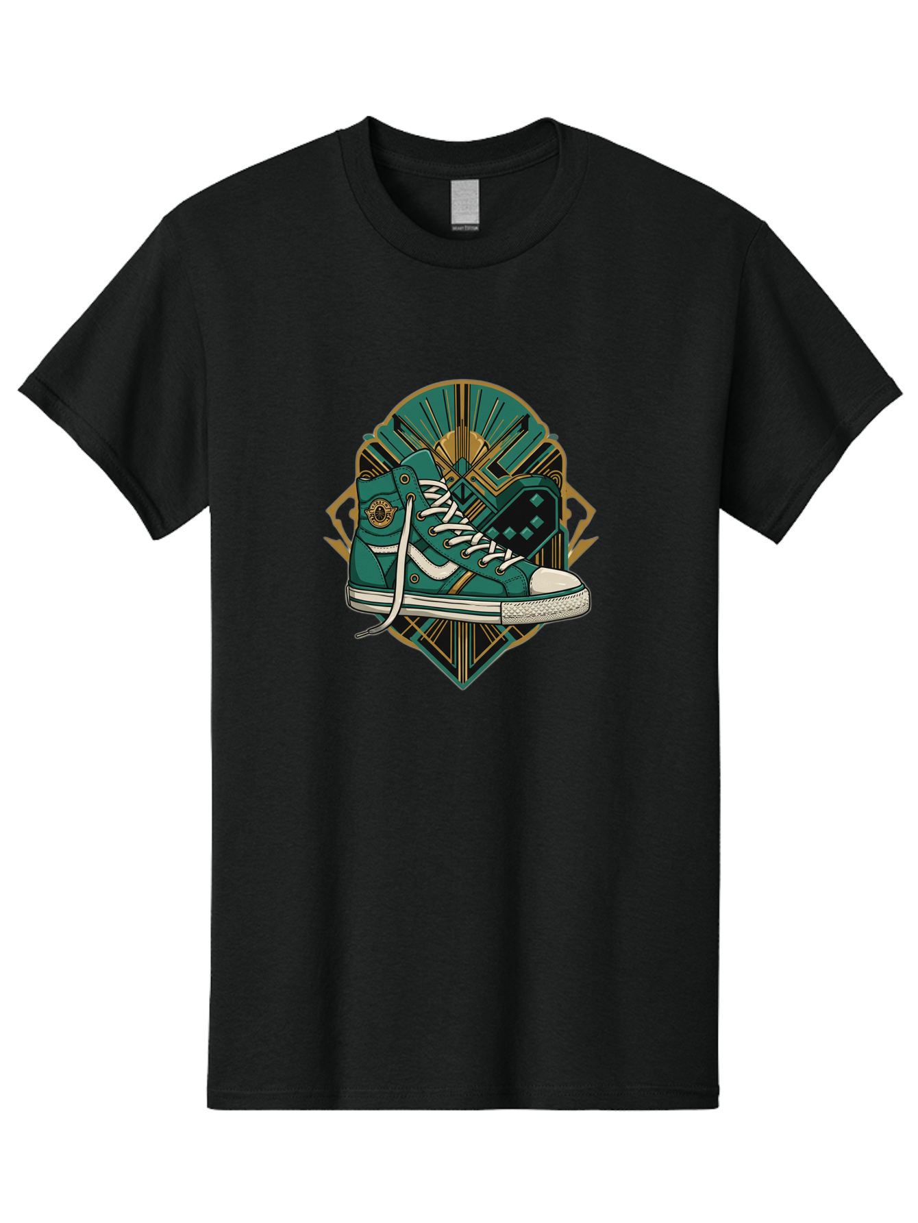 Teal-Sneakers Men'S Graphic Tee, 100% Cotton, Comfortable Casual Summer Wear, Machine Washable, Teal Sneakers, Art Deco Design, Gold Accents, White Laces, Stylish Footwear, Vintage Fashion, Retro Style, Classic Kicks, Fashion Statement Bab523