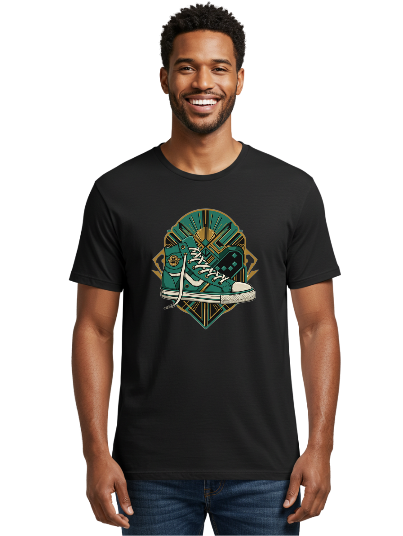 Teal-Sneakers Men'S Graphic Tee, 100% Cotton, Comfortable Casual Summer Wear, Machine Washable, Teal Sneakers, Art Deco Design, Gold Accents, White Laces, Stylish Footwear, Vintage Fashion, Retro Style, Classic Kicks, Fashion Statement Bab523