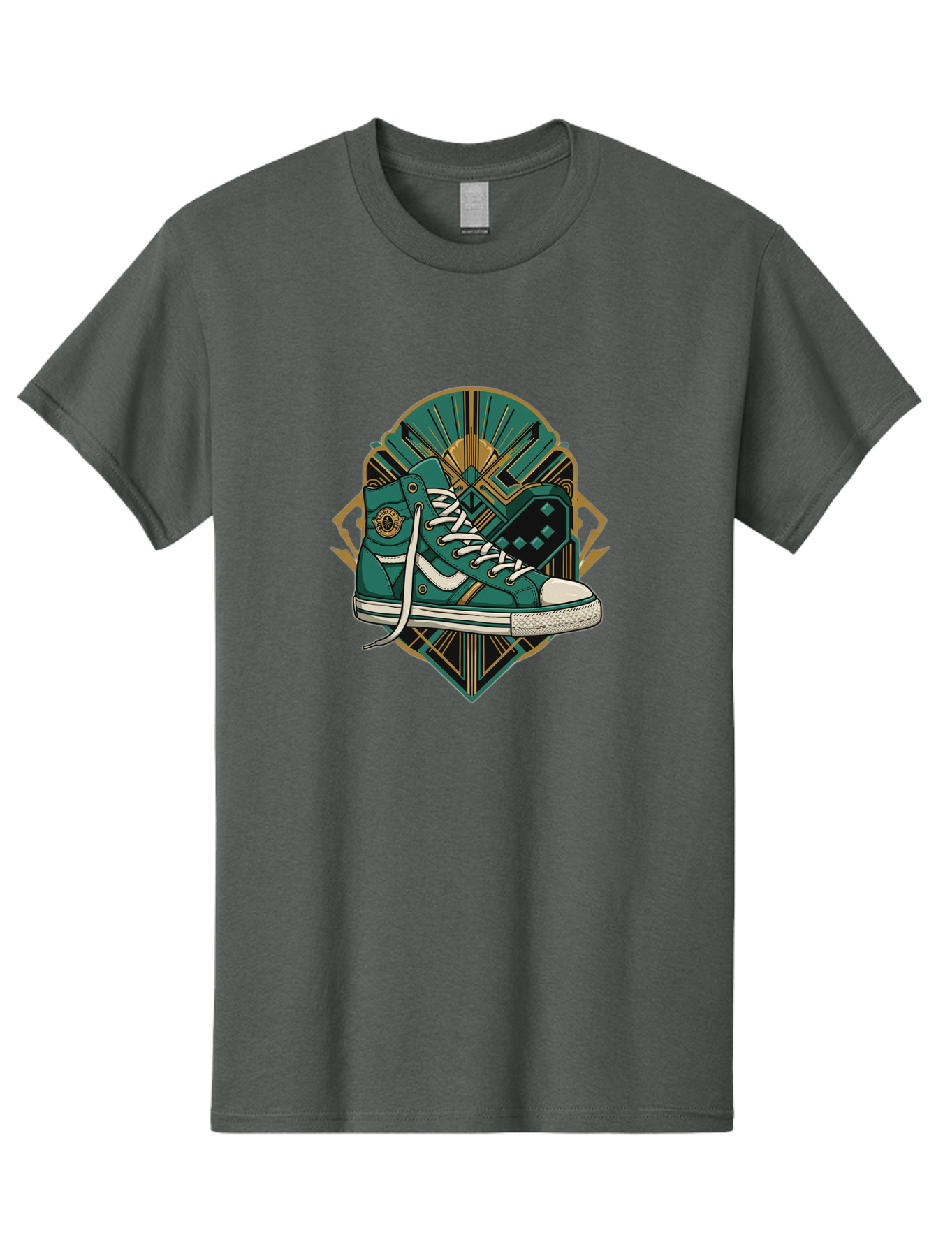 Teal-Sneakers Men'S Graphic Tee, 100% Cotton, Comfortable Casual Summer Wear, Machine Washable, Teal Sneakers, Art Deco Design, Gold Accents, White Laces, Stylish Footwear, Vintage Fashion, Retro Style, Classic Kicks, Fashion Statement Bab523