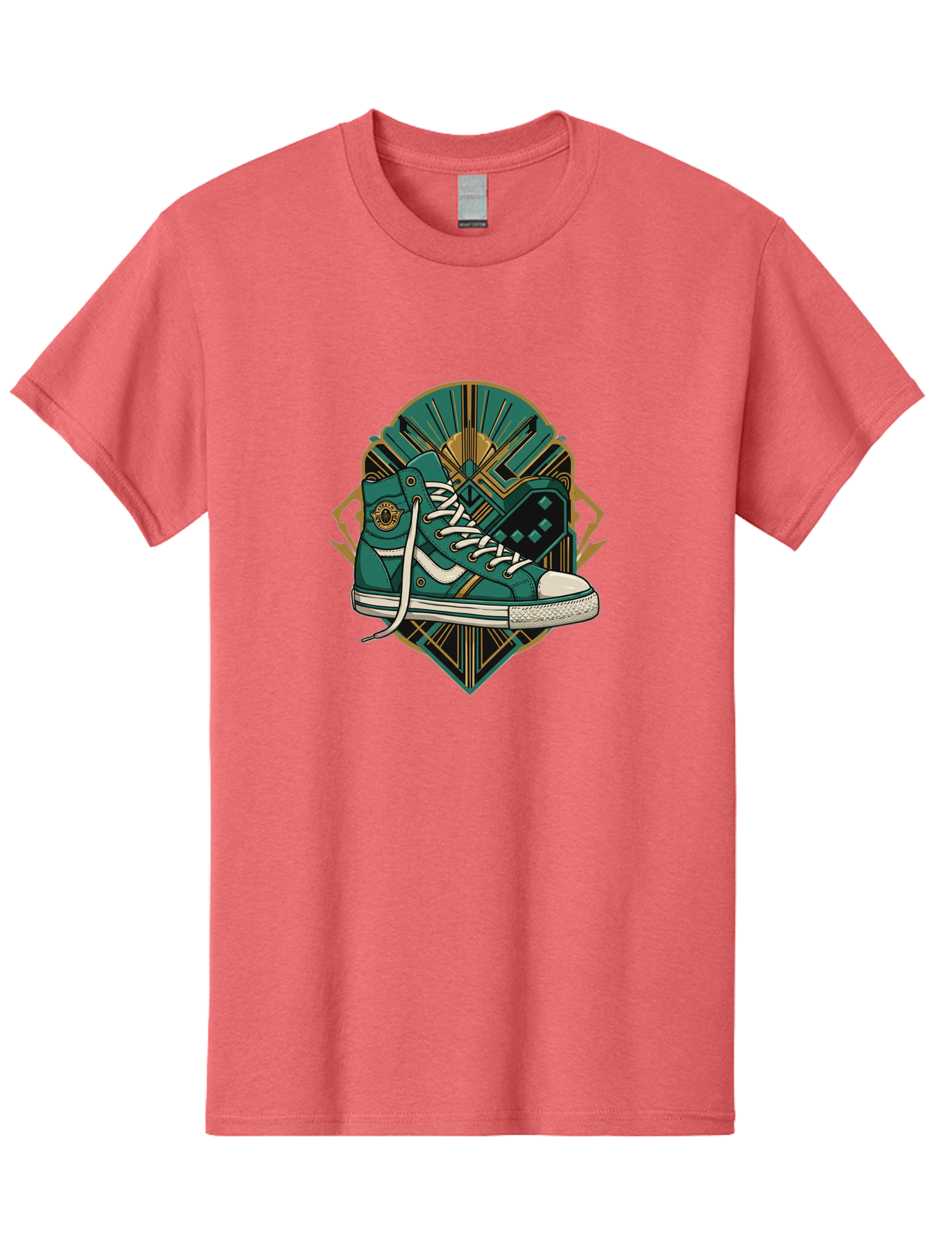 Teal-Sneakers Men'S Graphic Tee, 100% Cotton, Comfortable Casual Summer Wear, Machine Washable, Teal Sneakers, Art Deco Design, Gold Accents, White Laces, Stylish Footwear, Vintage Fashion, Retro Style, Classic Kicks, Fashion Statement Bab523