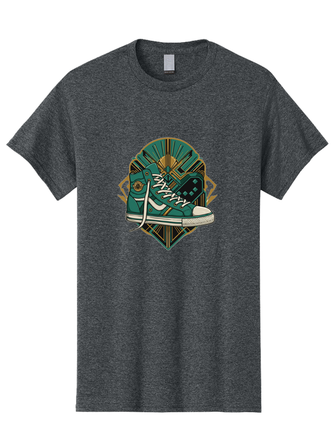 Teal-Sneakers Men'S Graphic Tee, 100% Cotton, Comfortable Casual Summer Wear, Machine Washable, Teal Sneakers, Art Deco Design, Gold Accents, White Laces, Stylish Footwear, Vintage Fashion, Retro Style, Classic Kicks, Fashion Statement Bab523