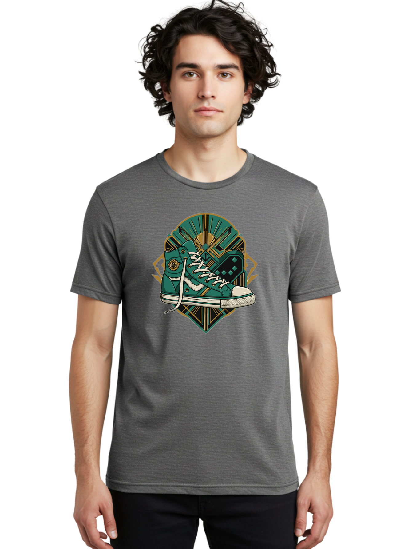 Teal-Sneakers Men'S Graphic Tee, 100% Cotton, Comfortable Casual Summer Wear, Machine Washable, Teal Sneakers, Art Deco Design, Gold Accents, White Laces, Stylish Footwear, Vintage Fashion, Retro Style, Classic Kicks, Fashion Statement Bab523