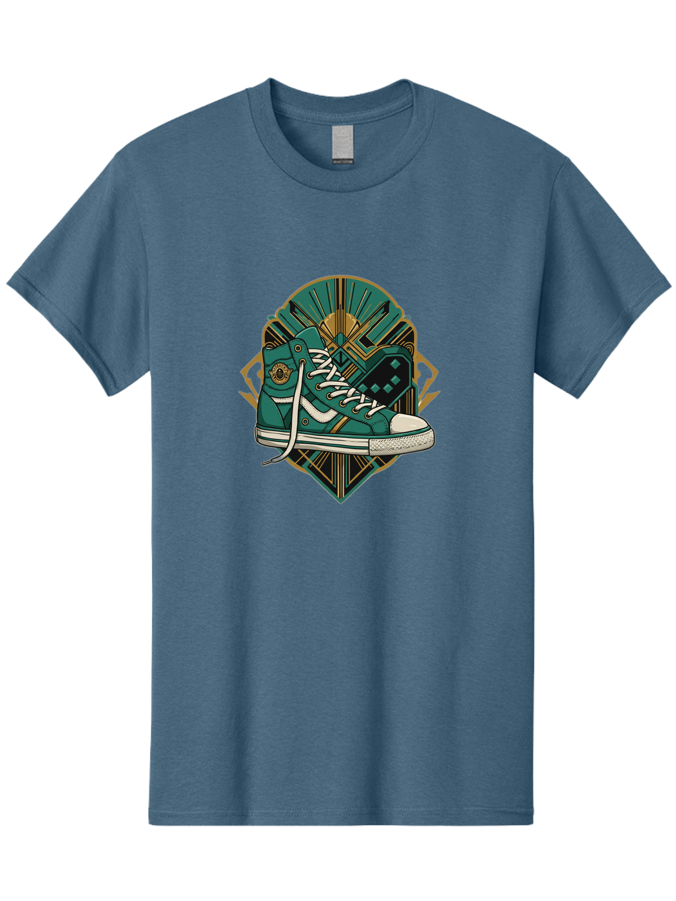 Teal-Sneakers Men'S Graphic Tee, 100% Cotton, Comfortable Casual Summer Wear, Machine Washable, Teal Sneakers, Art Deco Design, Gold Accents, White Laces, Stylish Footwear, Vintage Fashion, Retro Style, Classic Kicks, Fashion Statement Bab523